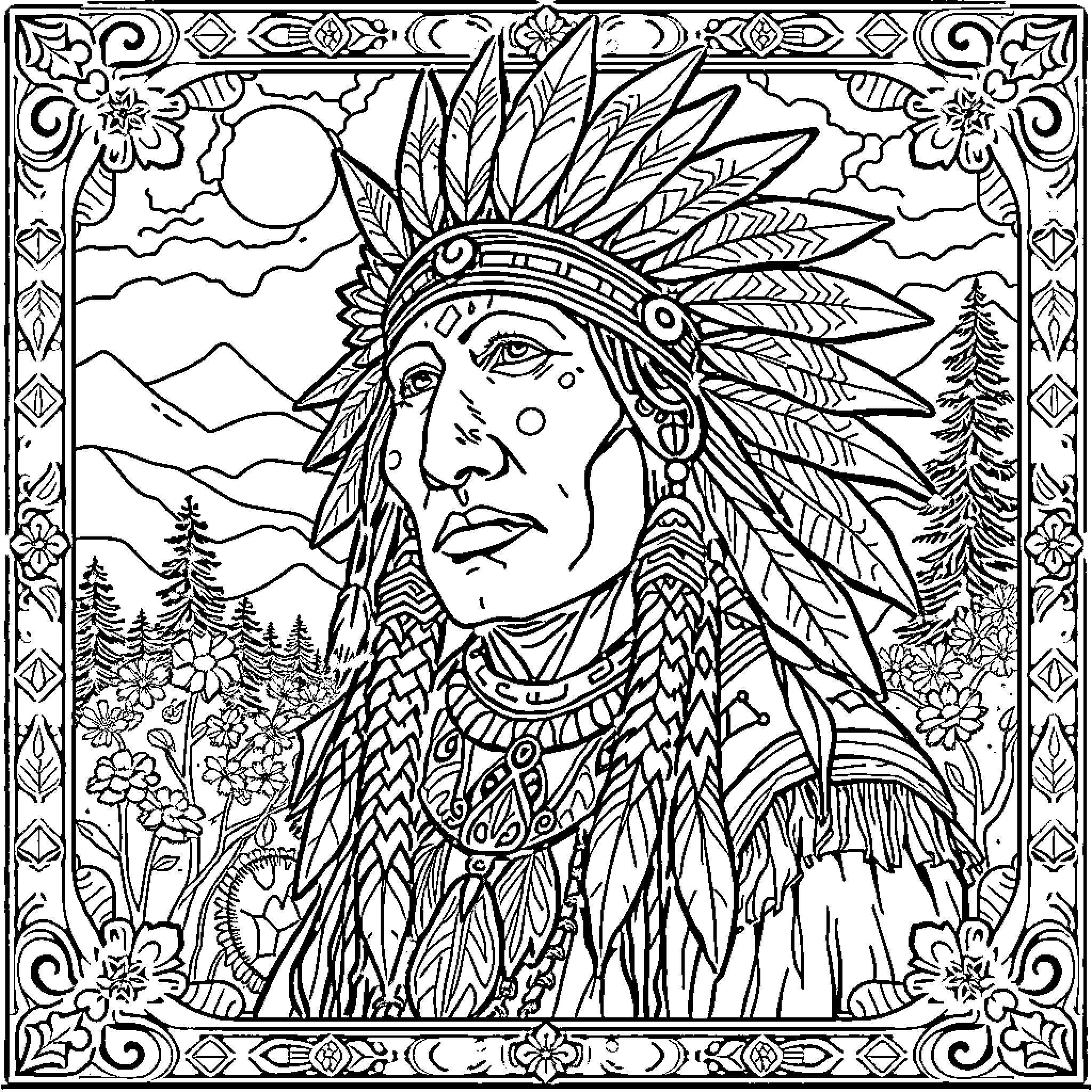 Native American Chief in Ceremonial Regalia Coloring Page (free black-and-white line drawing printable PDF for all, from beginners to advanced learners, including children, teens, adults, and seniors)