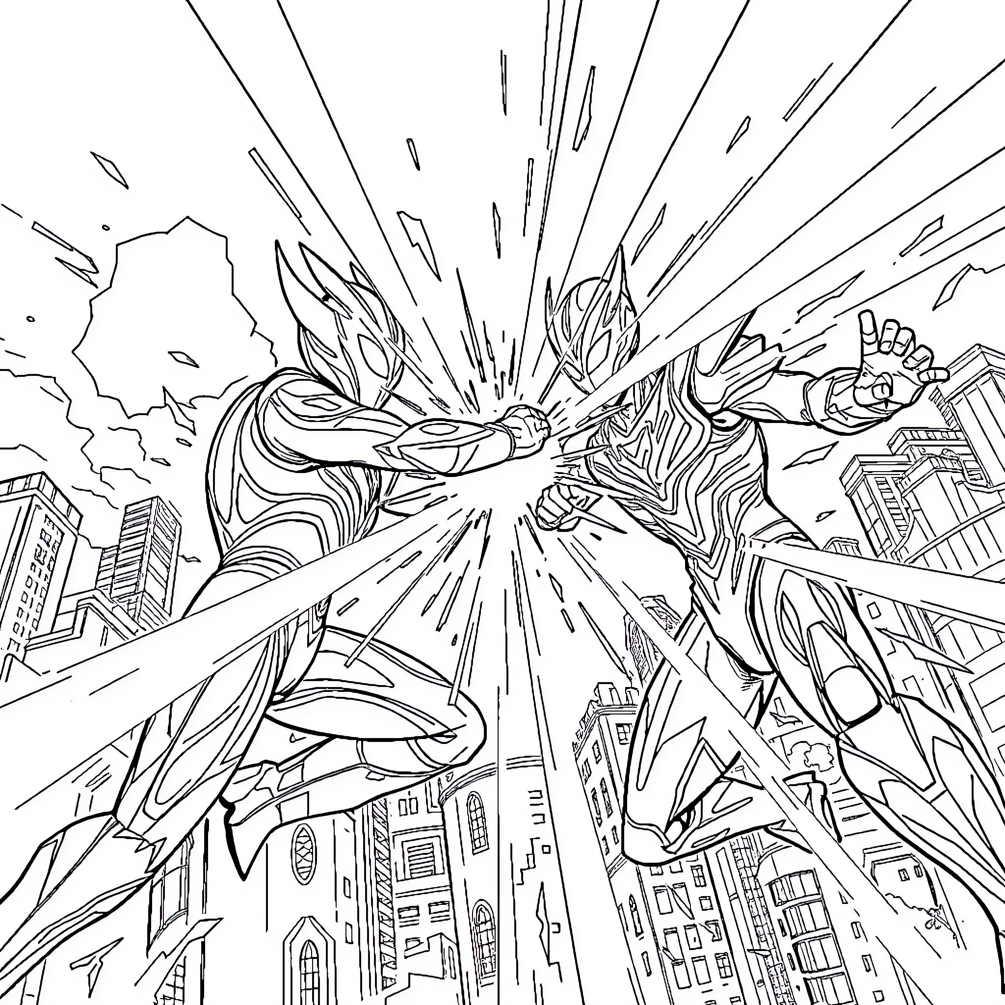 Ultraman battling a giant monster in the city Coloring Page (free black-and-white line drawing printable PDF for all, from beginners to advanced learners, including children, teens, adults, and seniors)