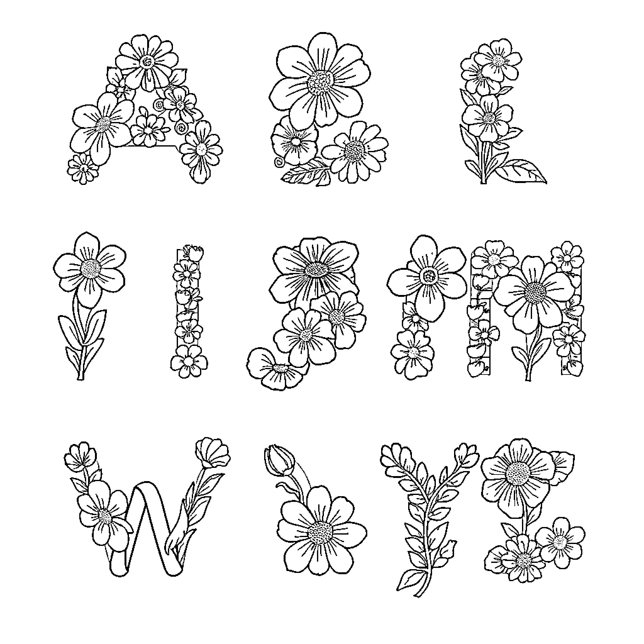 Alphabet of Floral Illustrations Coloring Page (free black-and-white line drawing printable PDF for all, from beginners to advanced learners, including children, teens, adults, and seniors)