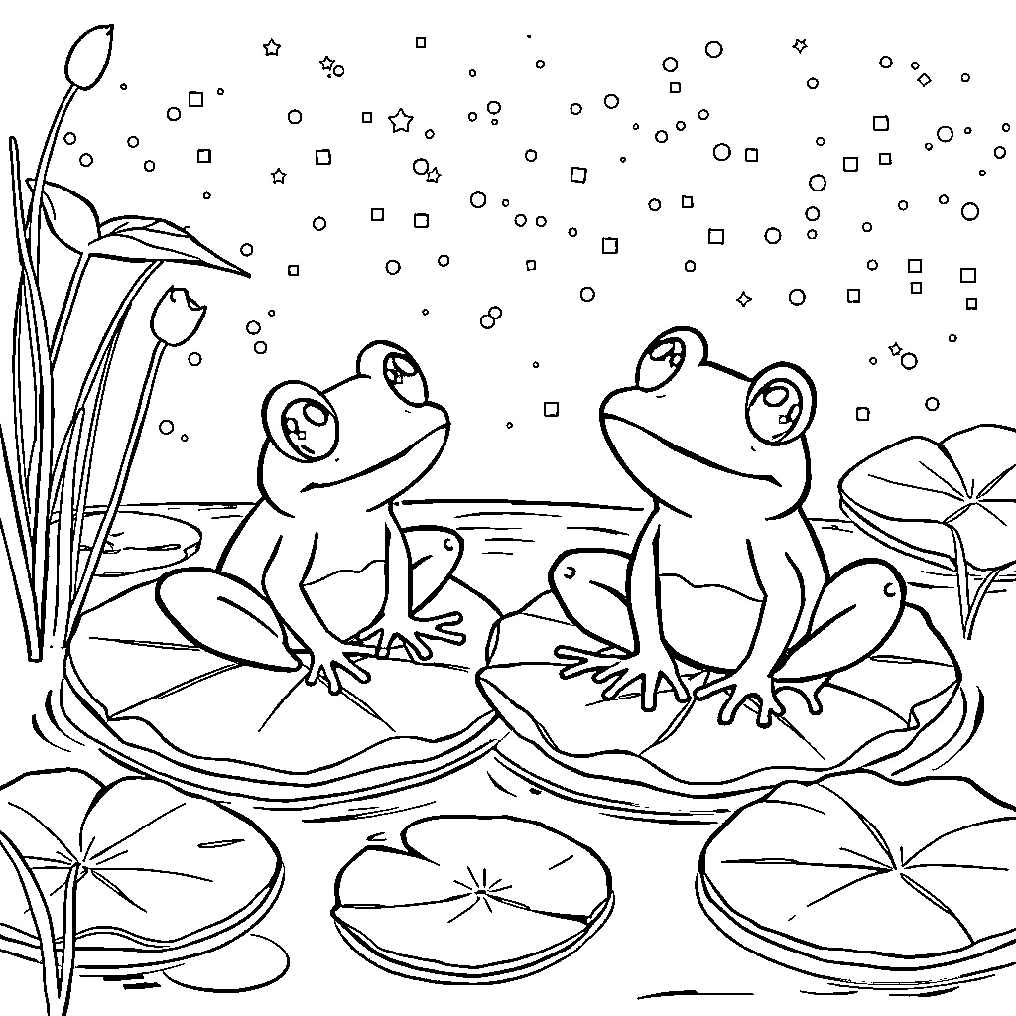 Frog friends exploring the starry pond Coloring Page (free black-and-white line drawing printable PDF for all, from beginners to advanced learners, including children, teens, adults, and seniors)