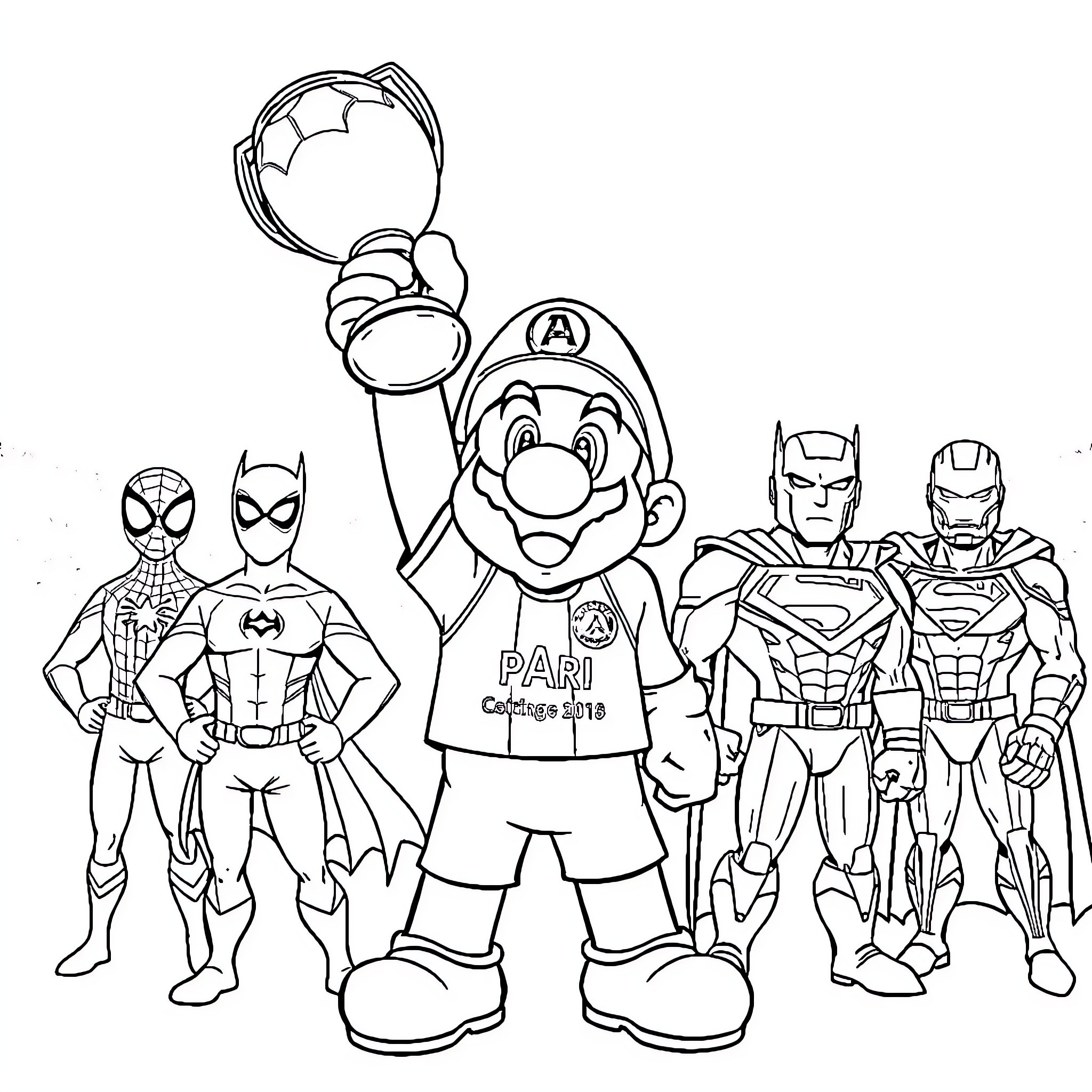 Super Mario and Superhero Friends in Action Coloring Page (free black-and-white line drawing printable PDF for all, from beginners to advanced learners, including children, teens, adults, and seniors)