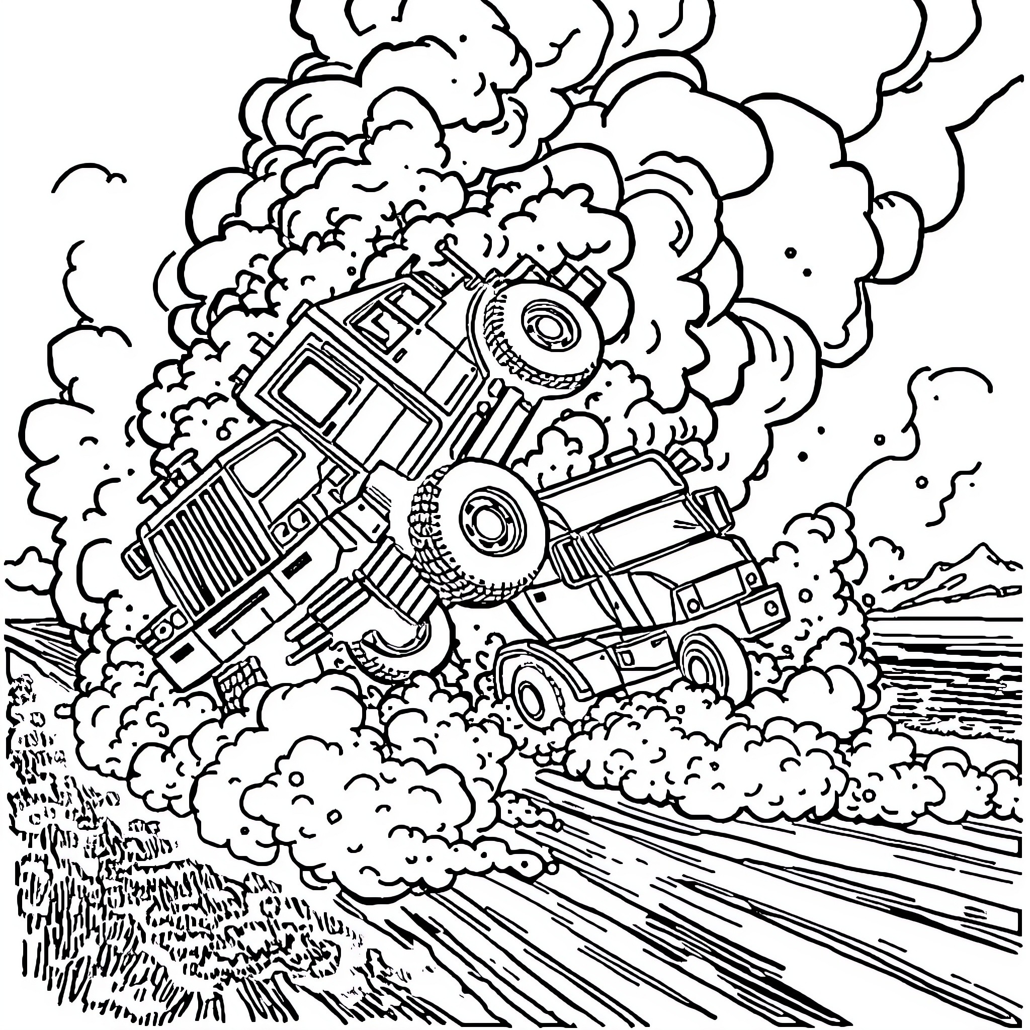 Truck colliding with explosive impact on the road Coloring Page (free black-and-white line drawing printable PDF for all, from beginners to advanced learners, including children, teens, adults, and seniors)