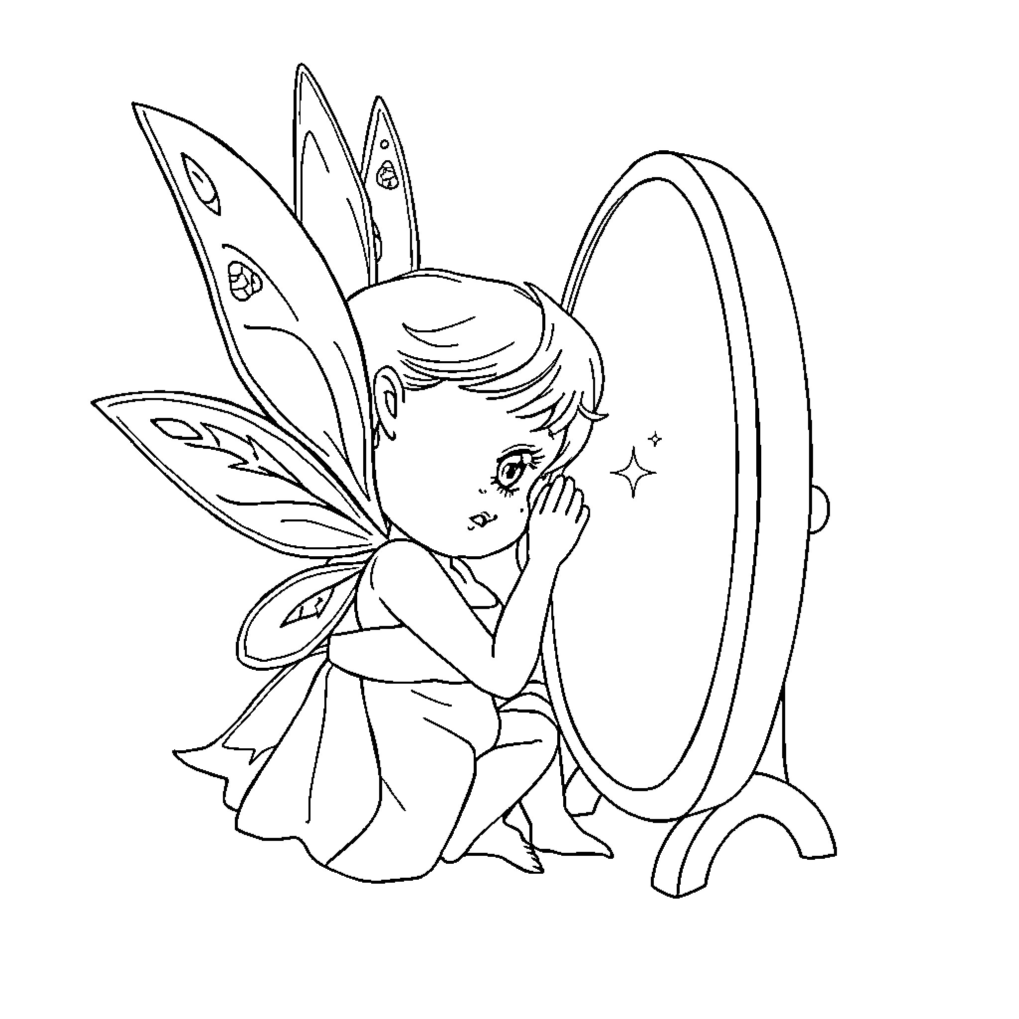 Fairy admiring herself in the mirror Coloring Page (free black-and-white line drawing printable PDF for all, from beginners to advanced learners, including children, teens, adults, and seniors)