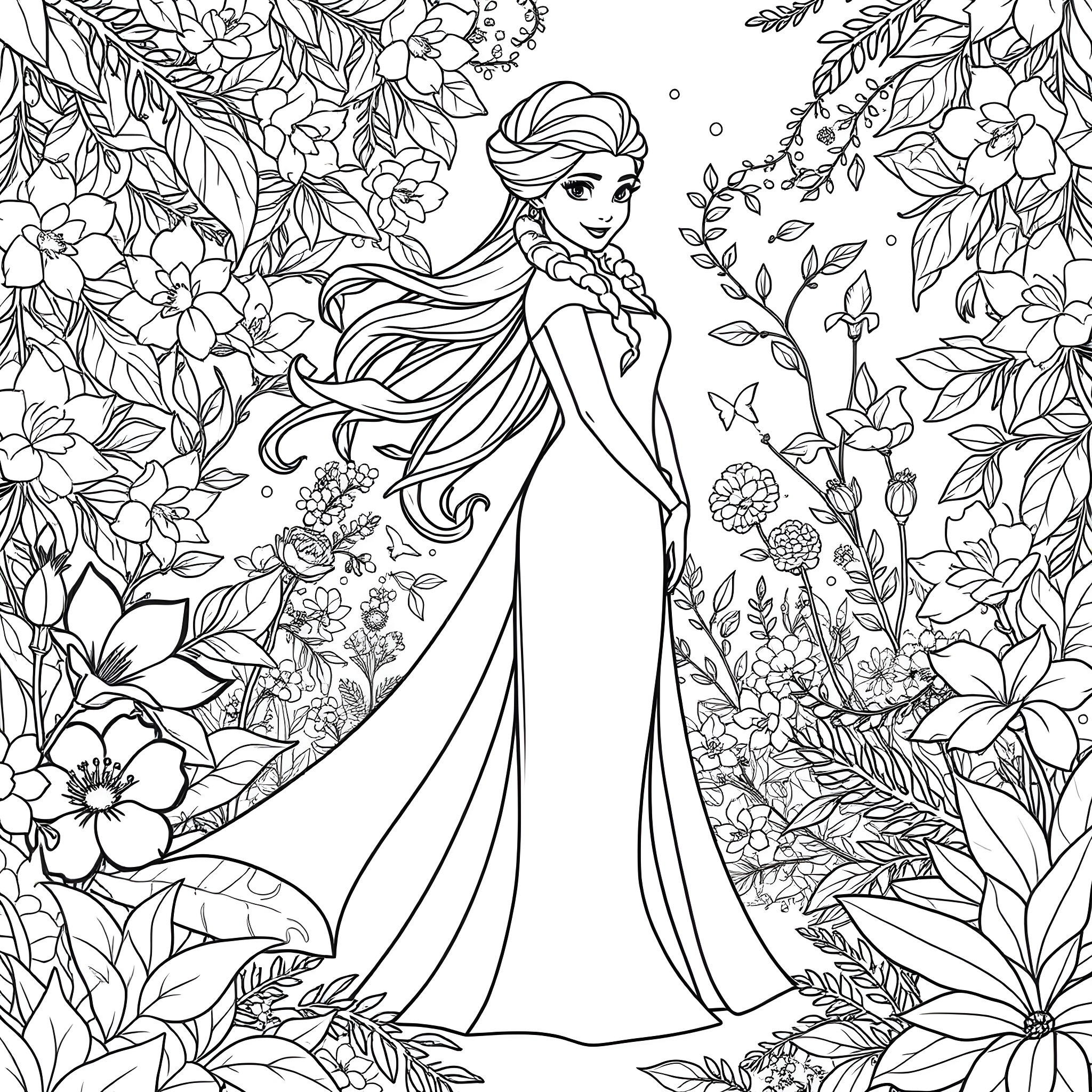 Elsa in a Floral Wonderland Coloring Page (free black-and-white line drawing printable PDF for all, from beginners to advanced learners, including children, teens, adults, and seniors)