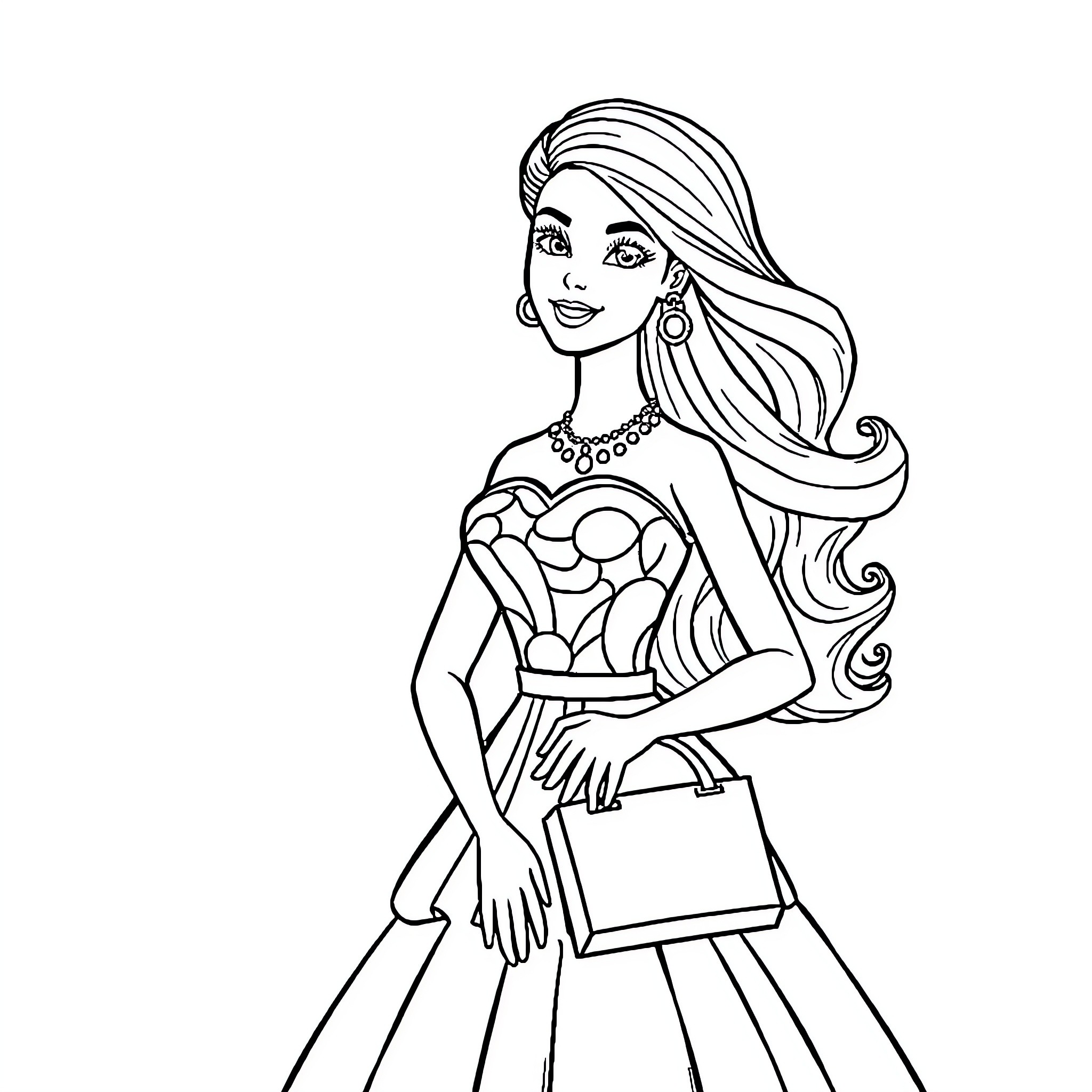 Barbie fashionably posing in elegant attire Coloring Page (free black-and-white line drawing printable PDF for all, from beginners to advanced learners, including children, teens, adults, and seniors)