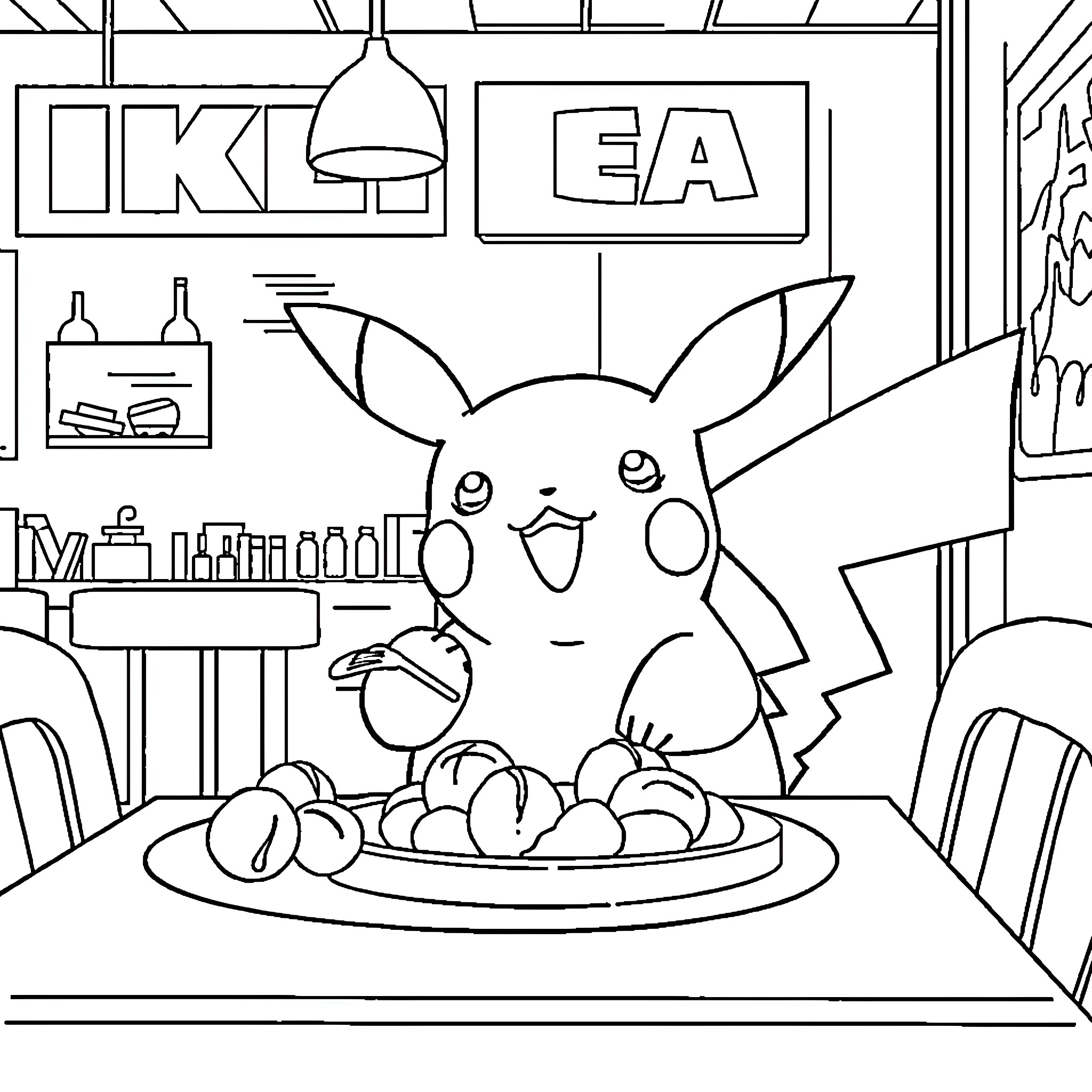 Pikachu enjoying a cozy dining room scene Coloring Page (free black-and-white line drawing printable PDF for all, from beginners to advanced learners, including children, teens, adults, and seniors)
