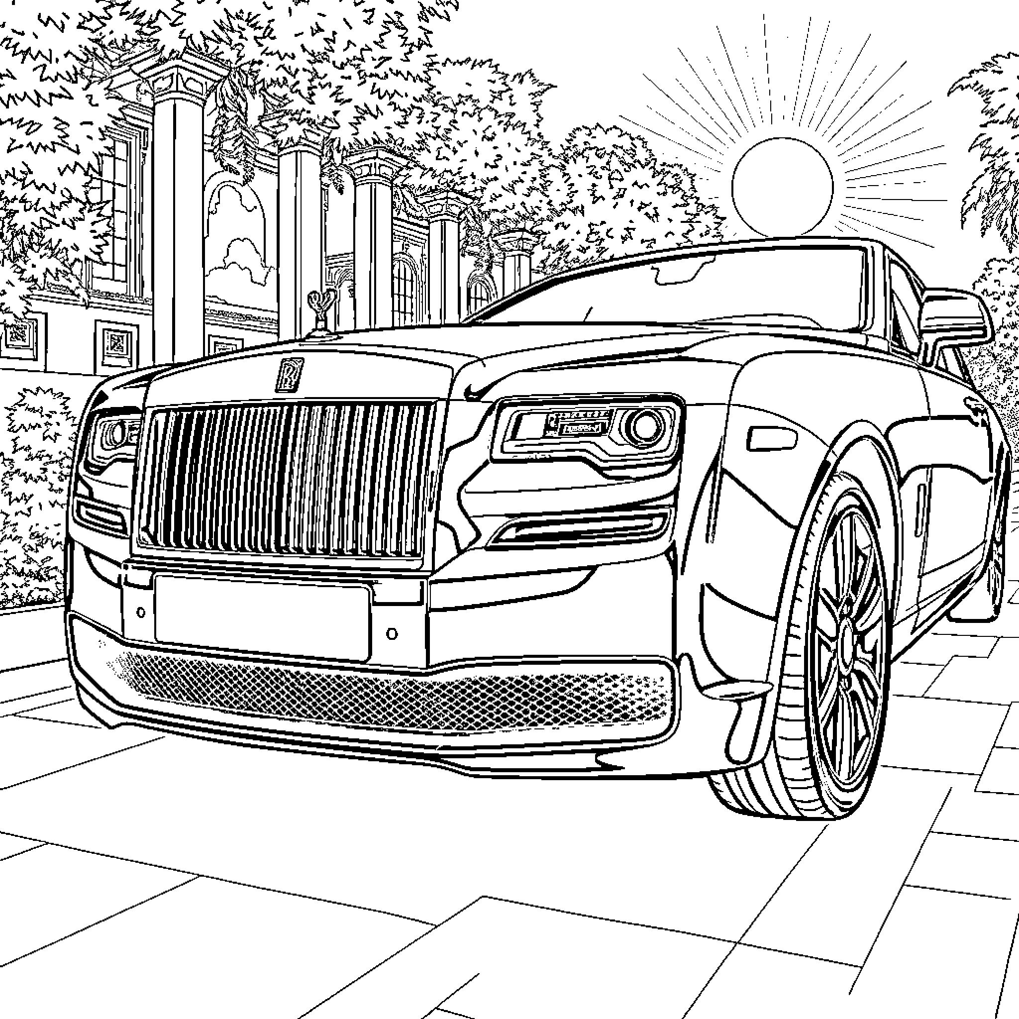 Rolls Royce luxury car in scenic environment Coloring Page (free black-and-white line drawing printable PDF for all, from beginners to advanced learners, including children, teens, adults, and seniors)