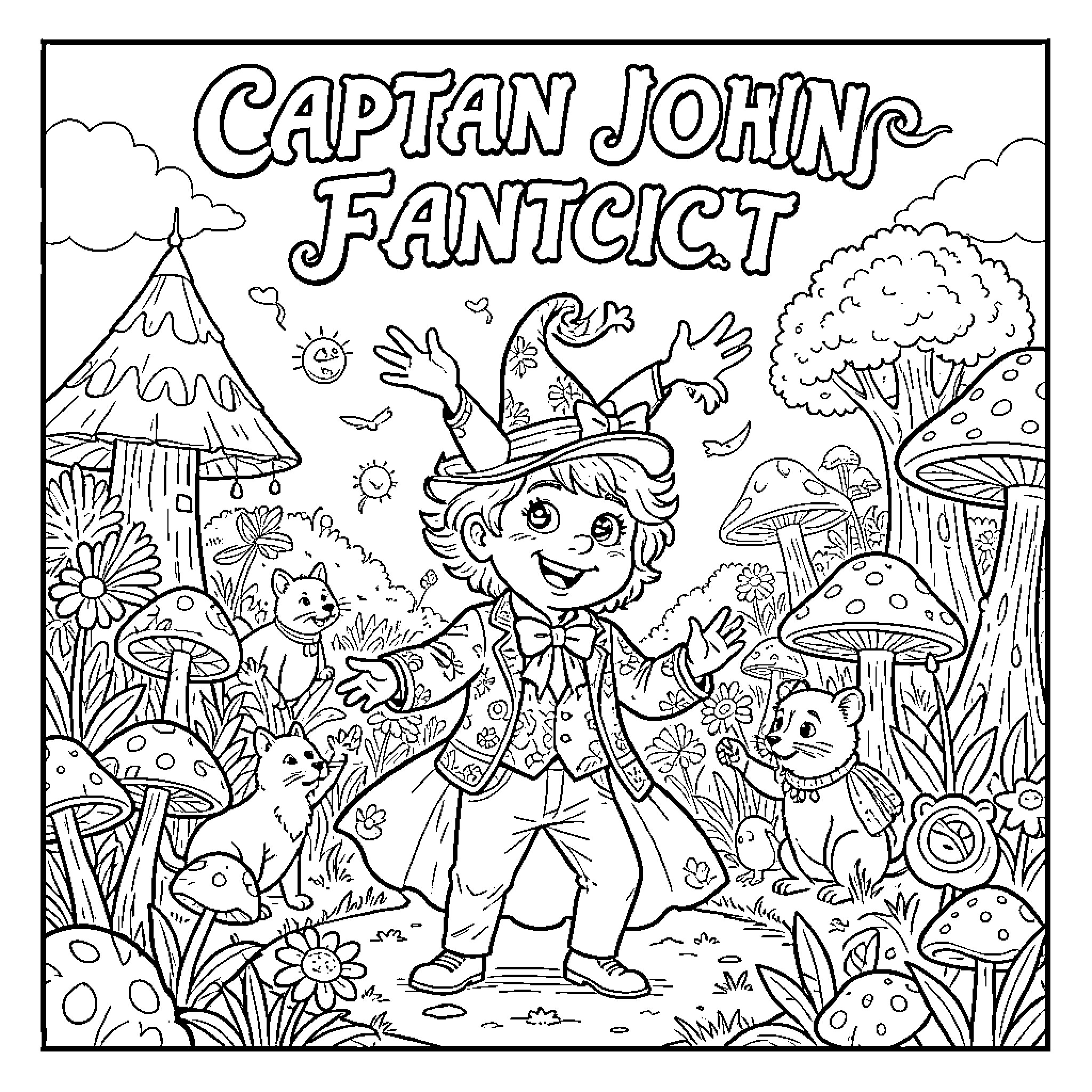 Elton John wearing a wizard hat in a magical forest Coloring Page (free black-and-white line drawing printable PDF for all, from beginners to advanced learners, including children, teens, adults, and seniors)