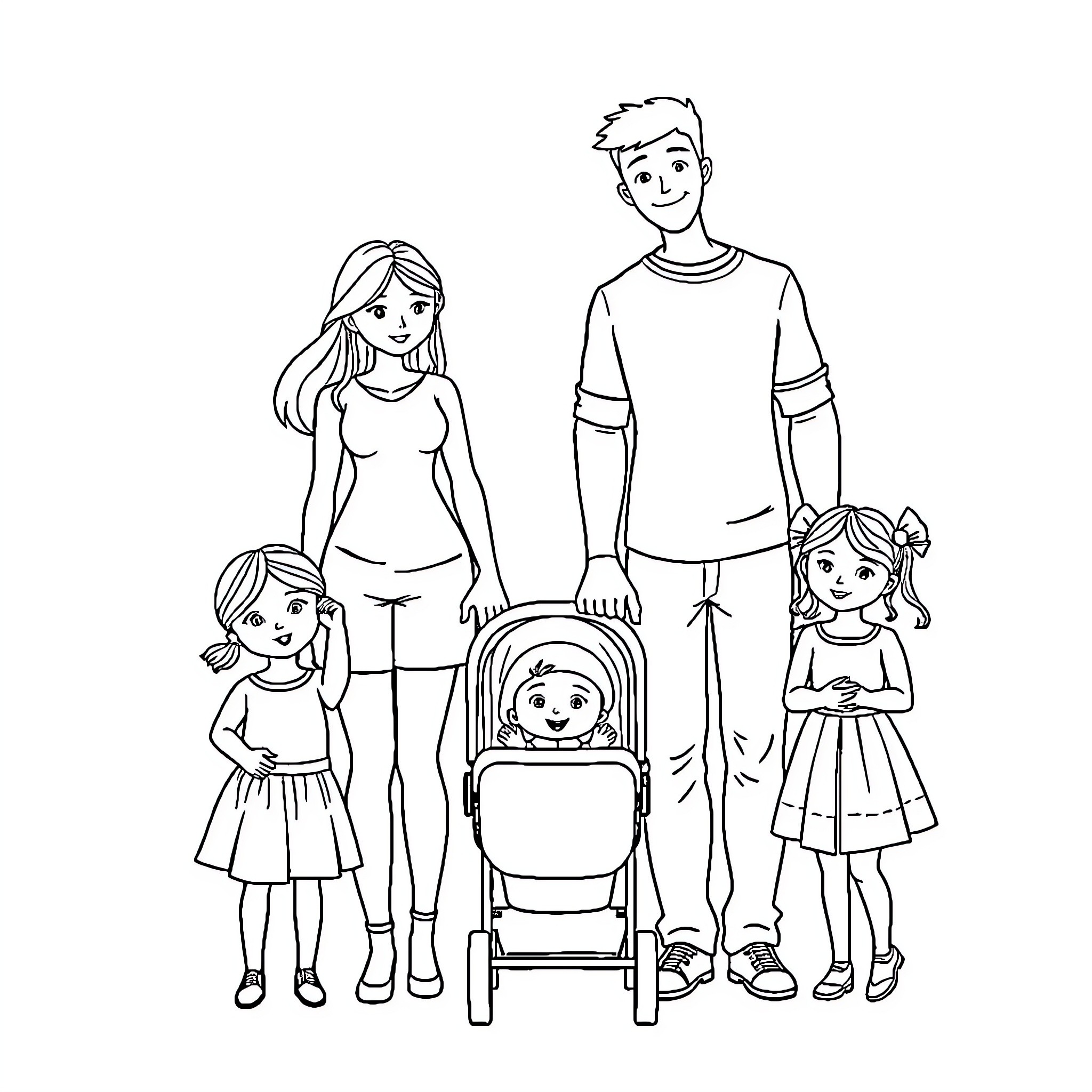 Family enjoying outdoor activities together Coloring Page (free black-and-white line drawing printable PDF for all, from beginners to advanced learners, including children, teens, adults, and seniors)
