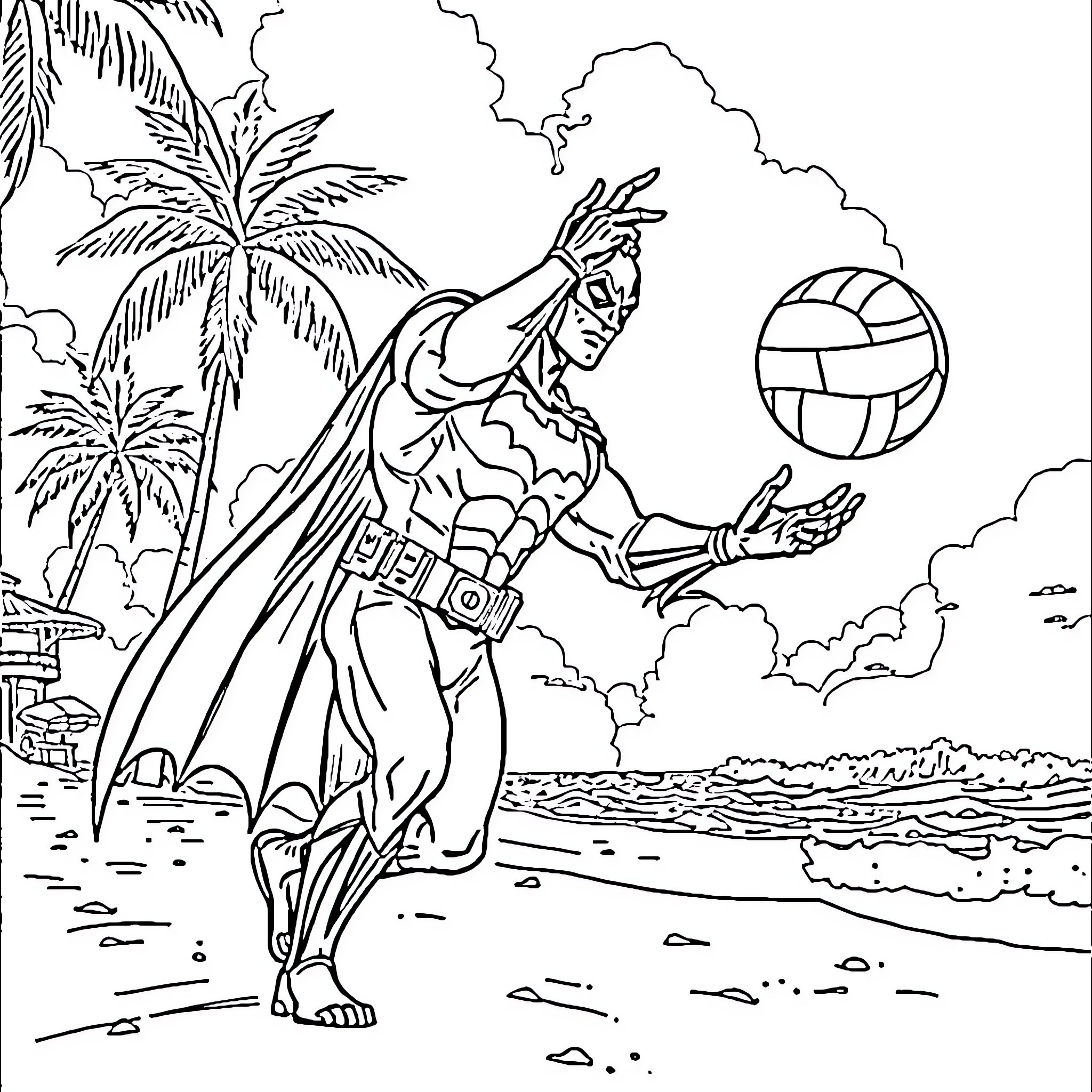 Batman Heroically Saving the Beach from Volleyball Disaster Coloring Page (free black-and-white line drawing printable PDF for all, from beginners to advanced learners, including children, teens, adults, and seniors)