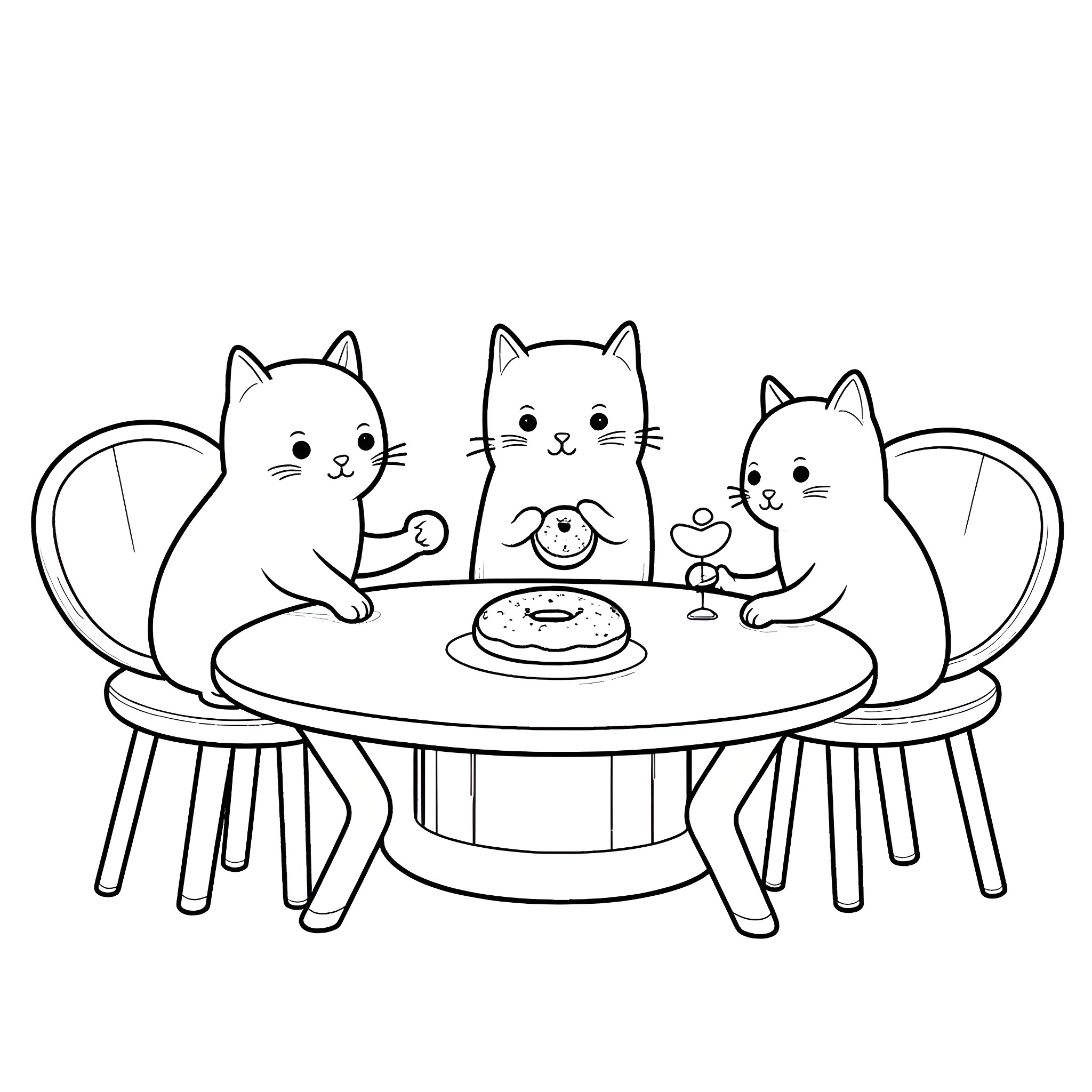Cats enjoying a cozy meal together Coloring Page (free black-and-white line drawing printable PDF for all, from beginners to advanced learners, including children, teens, adults, and seniors)