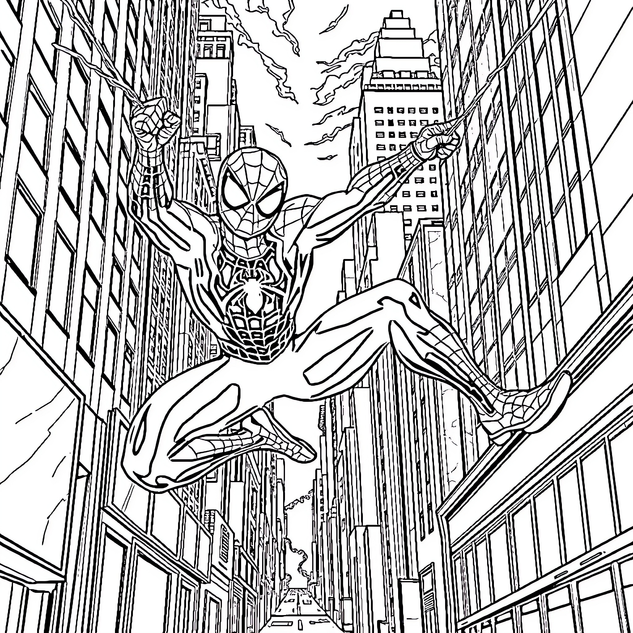 Spider-Man swinging through the city skyline Coloring Page (free black-and-white line drawing printable PDF for all, from beginners to advanced learners, including children, teens, adults, and seniors)