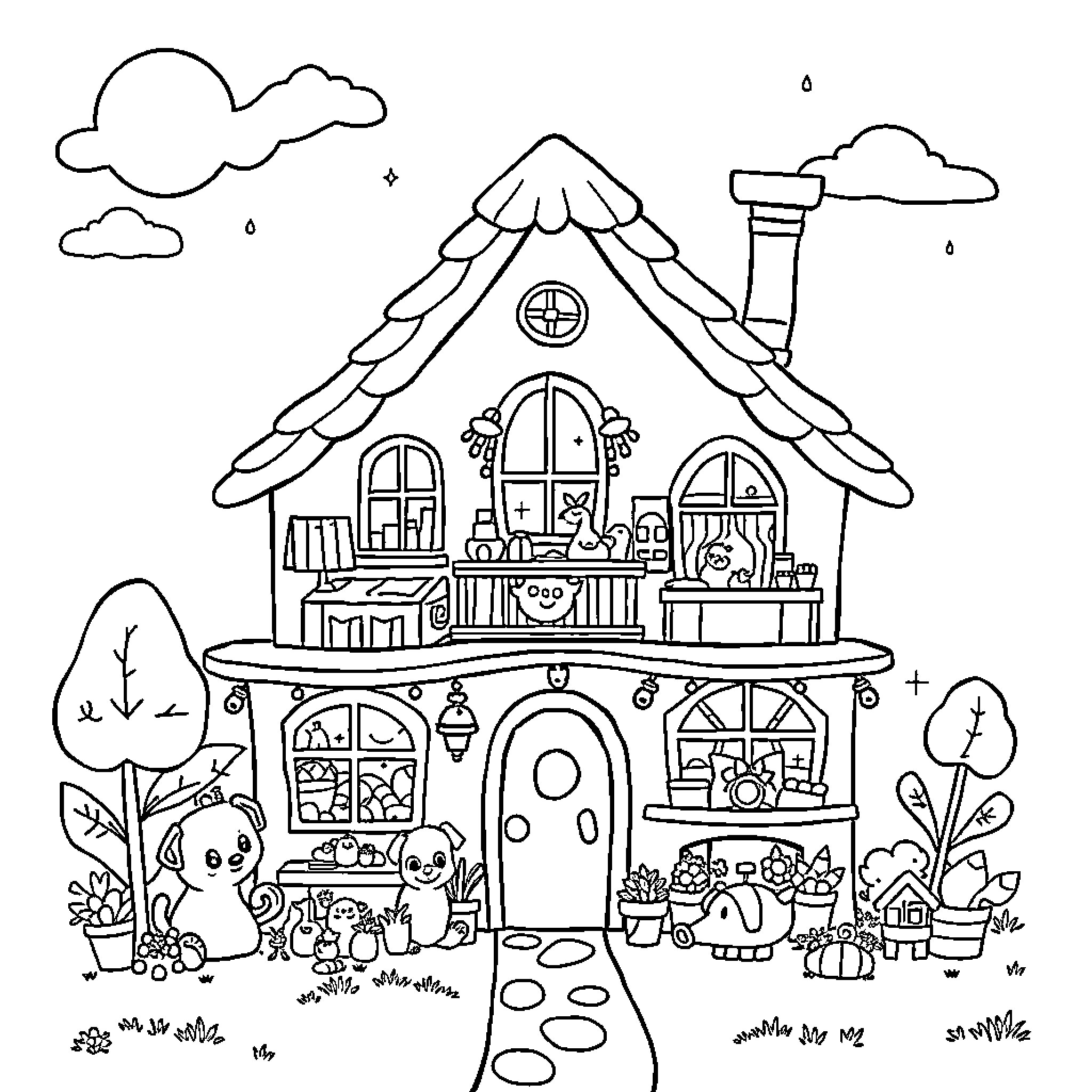 Dollhouse with Playful Characters and Decorations Coloring Page (free black-and-white line drawing printable PDF for all, from beginners to advanced learners, including children, teens, adults, and seniors)