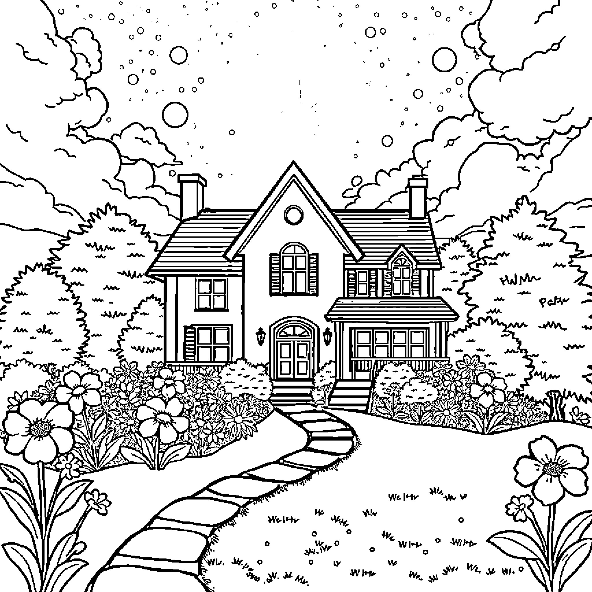 House with Detailed Floral Landscaping Coloring Page (free black-and-white line drawing printable PDF for all, from beginners to advanced learners, including children, teens, adults, and seniors)