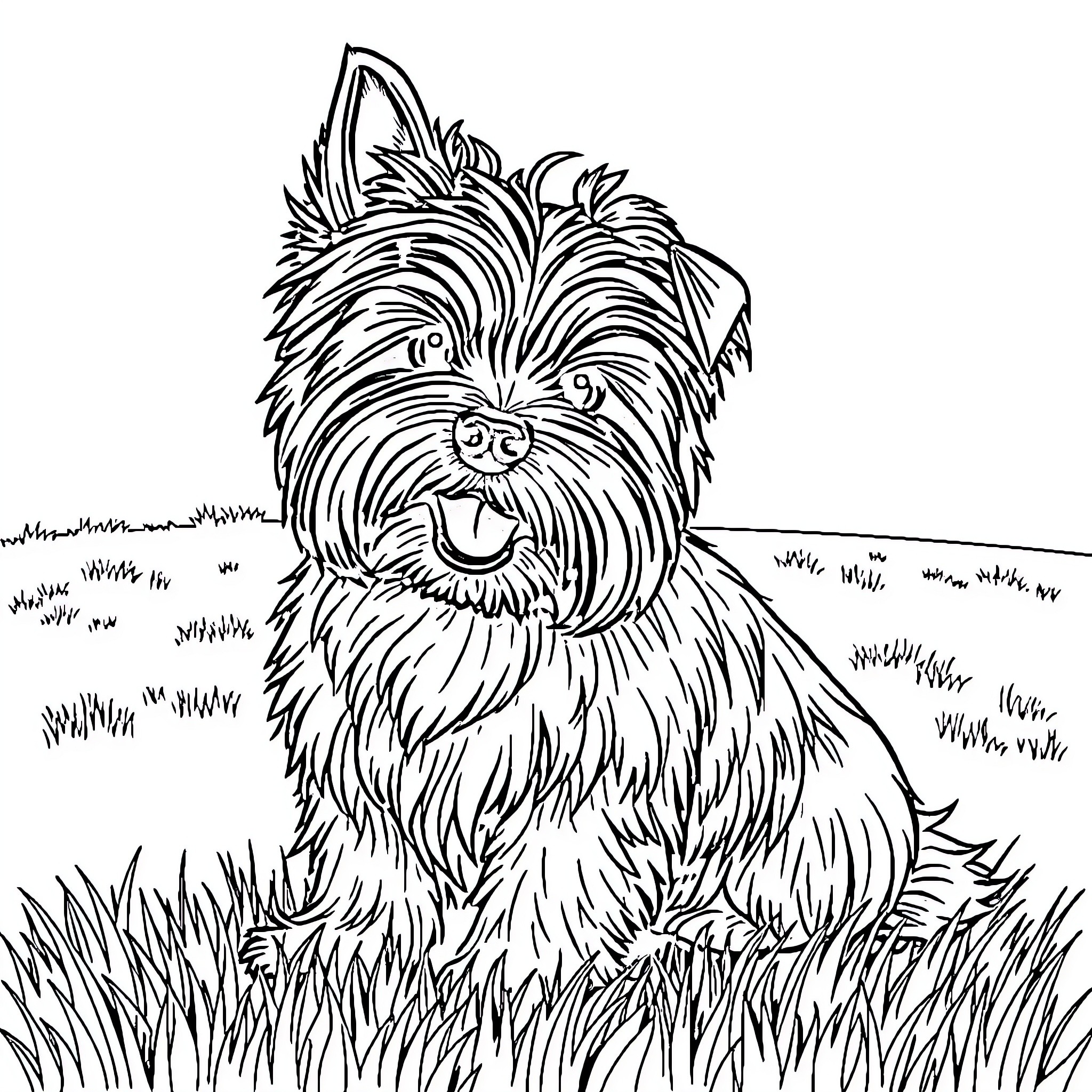 Yorkshire Terrier sitting in the grass Coloring Page (free black-and-white line drawing printable PDF for all, from beginners to advanced learners, including children, teens, adults, and seniors)