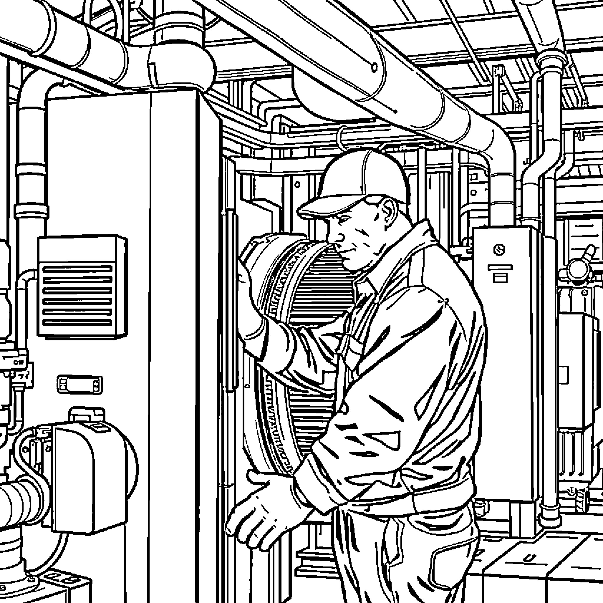 Technician inspecting industrial equipment in a facility Coloring Page (free black-and-white line drawing printable PDF for all, from beginners to advanced learners, including children, teens, adults, and seniors)