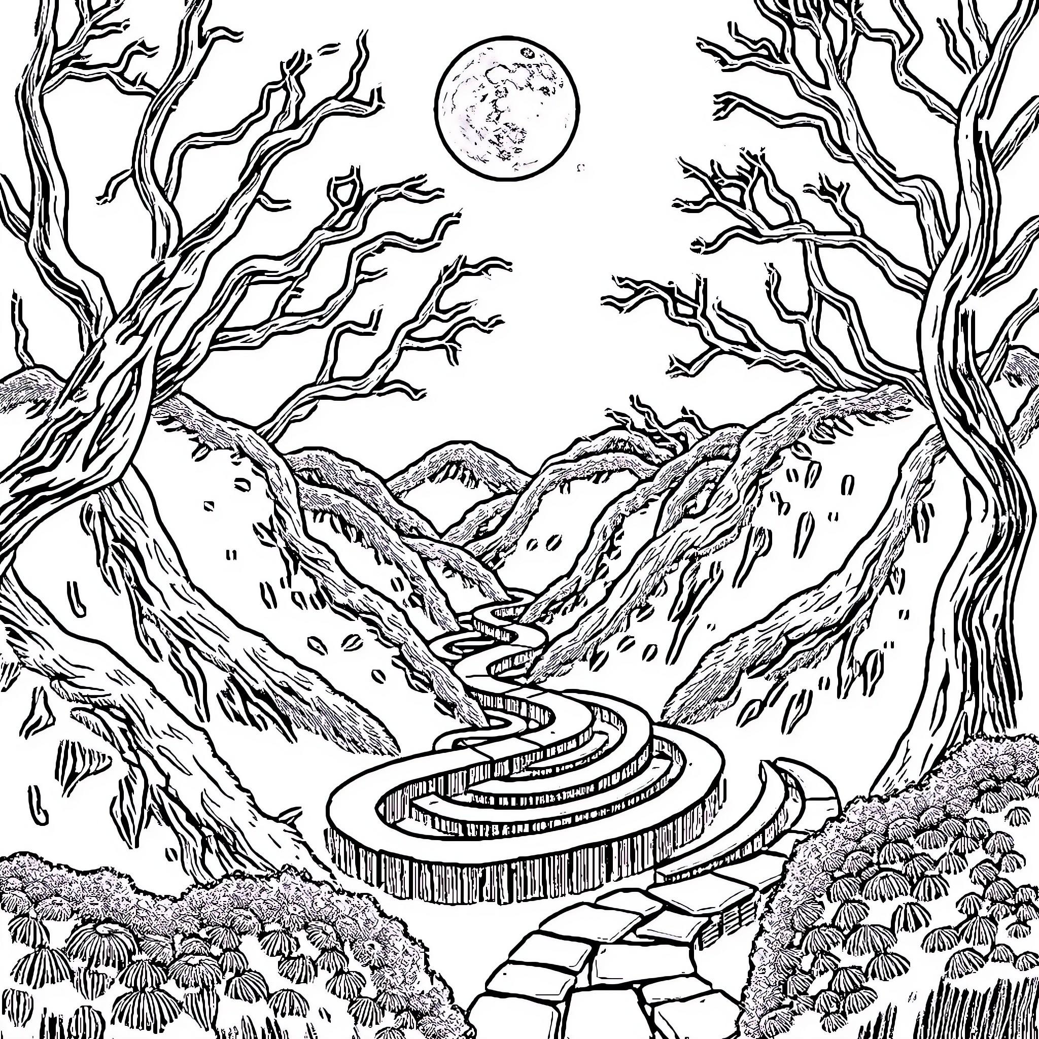 Maze of Winding Paths through Enchanted Forest Coloring Page (free black-and-white line drawing printable PDF for all, from beginners to advanced learners, including children, teens, adults, and seniors)