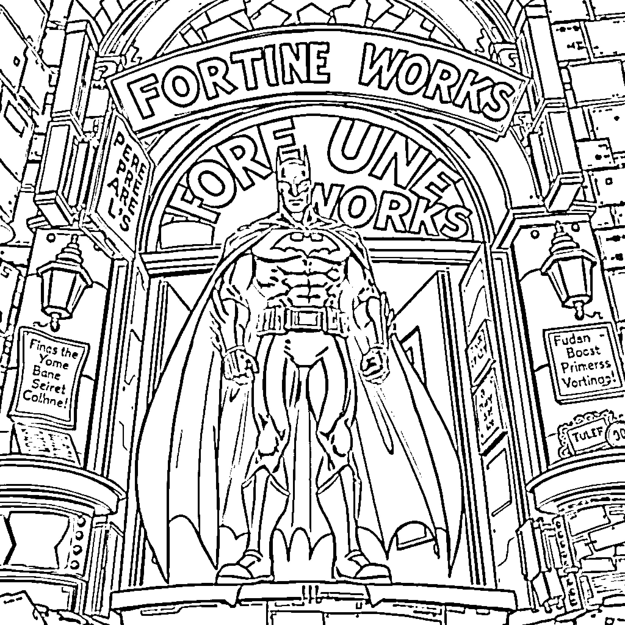 Batman standing tall in front of Fortune Works Coloring Page (free black-and-white line drawing printable PDF for all, from beginners to advanced learners, including children, teens, adults, and seniors)