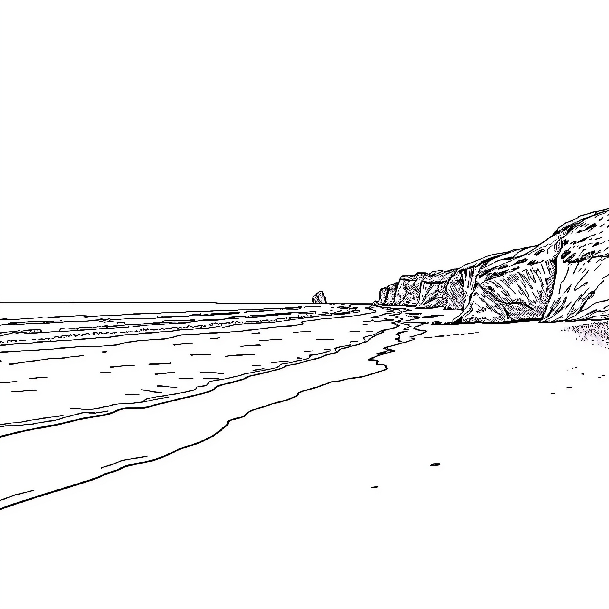 Beach scene with rocky coastline and waves Coloring Page (free black-and-white line drawing printable PDF for all, from beginners to advanced learners, including children, teens, adults, and seniors)