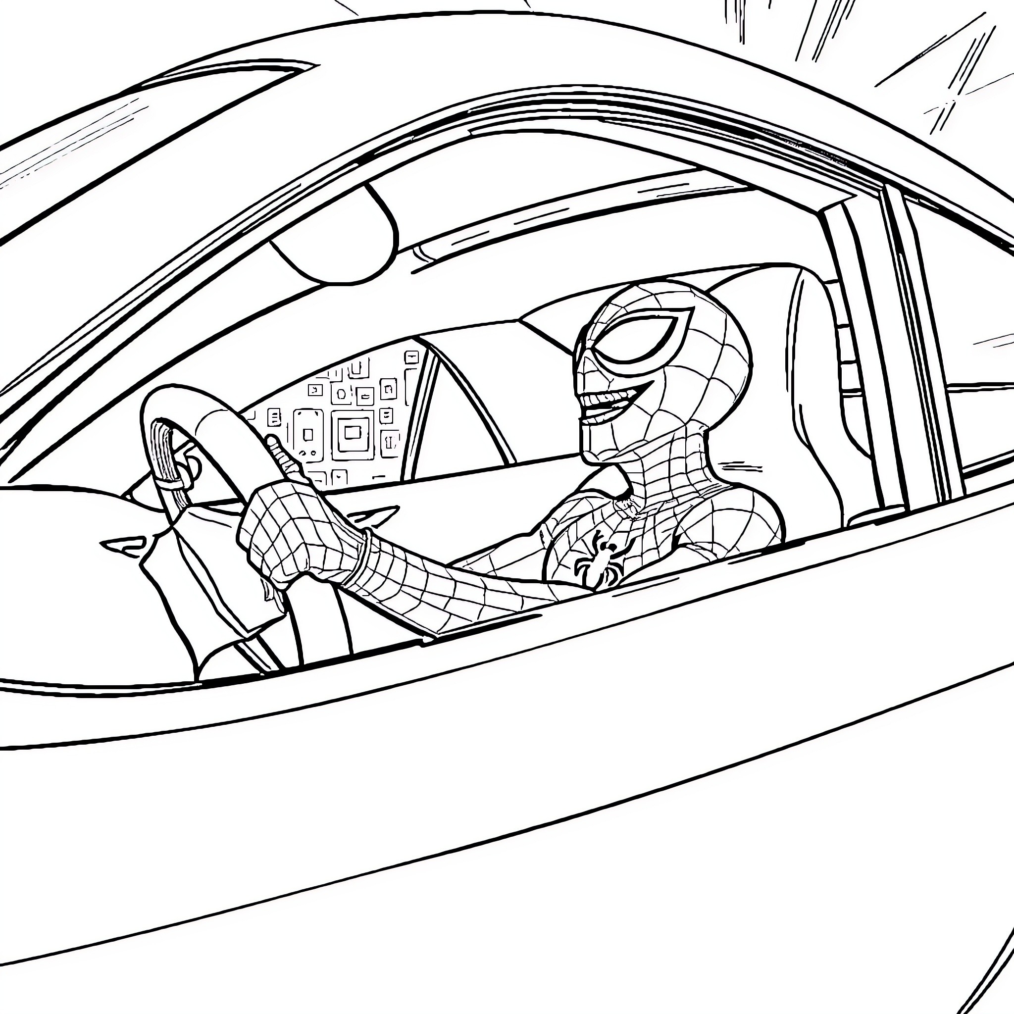 Spiderman swinging through the city in his car Coloring Page (free black-and-white line drawing printable PDF for all, from beginners to advanced learners, including children, teens, adults, and seniors)