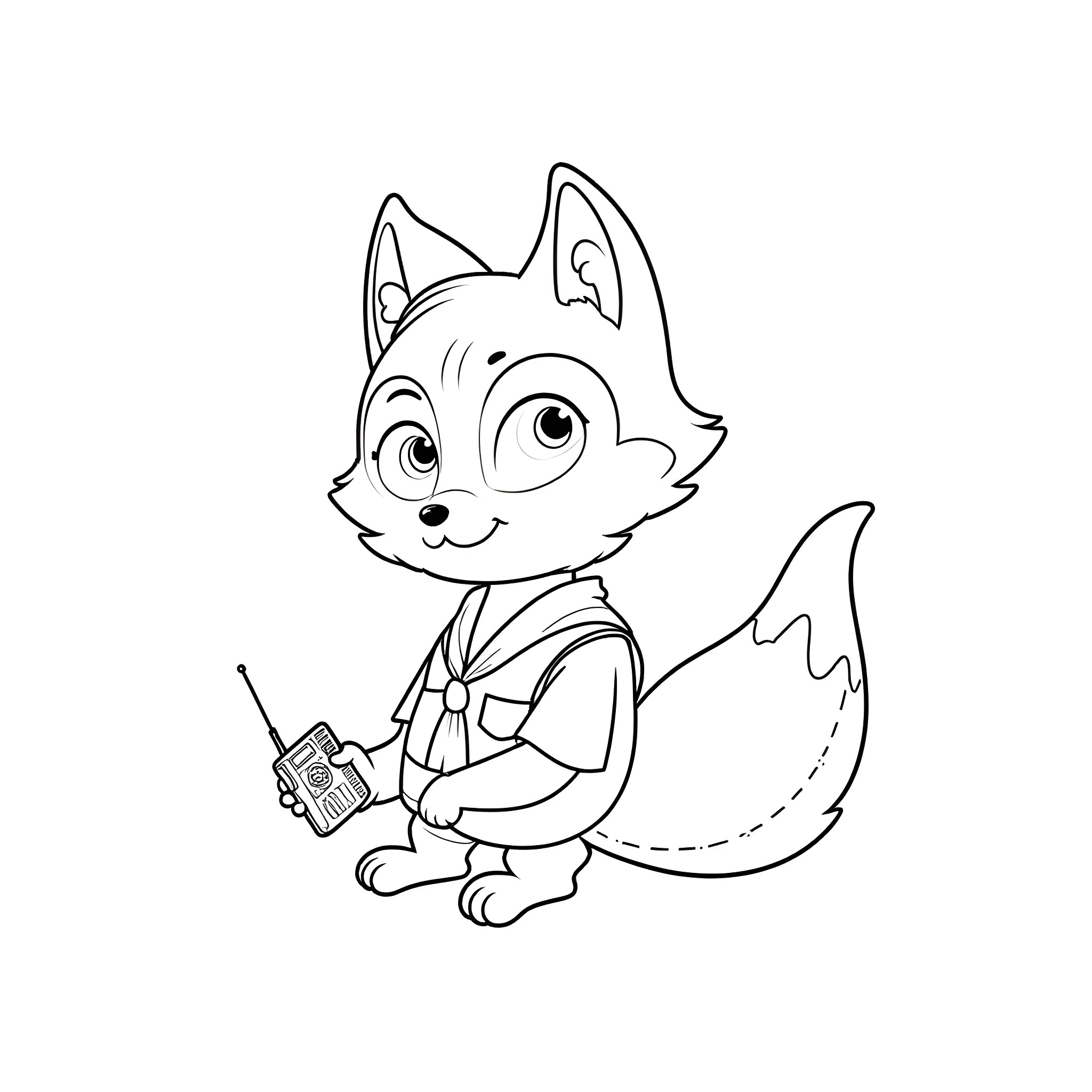 Fox with a walkie-talkie in a cartoon style Coloring Page (free black-and-white line drawing printable PDF for all, from beginners to advanced learners, including children, teens, adults, and seniors)