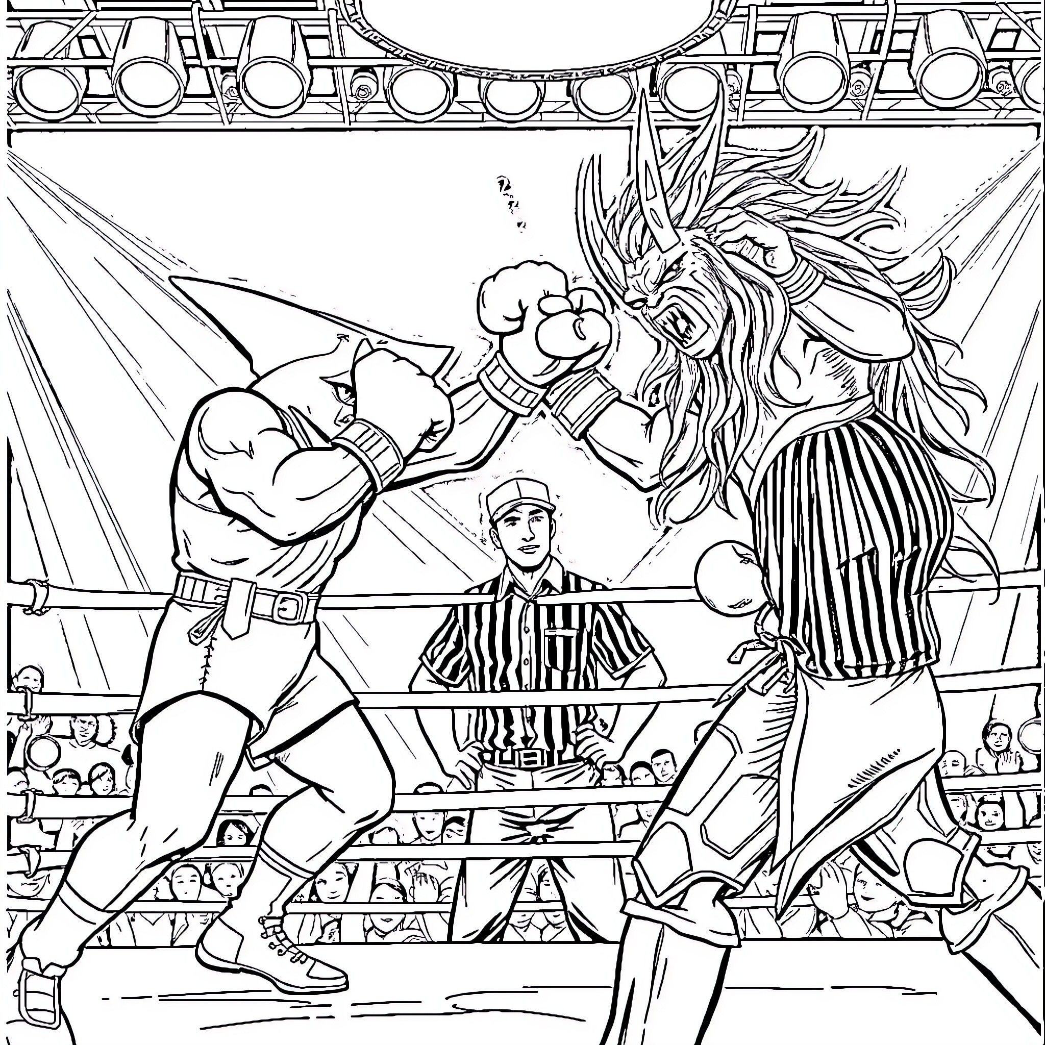 Shark Wrestling Match in the Arena Coloring Page (free black-and-white line drawing printable PDF for all, from beginners to advanced learners, including children, teens, adults, and seniors)