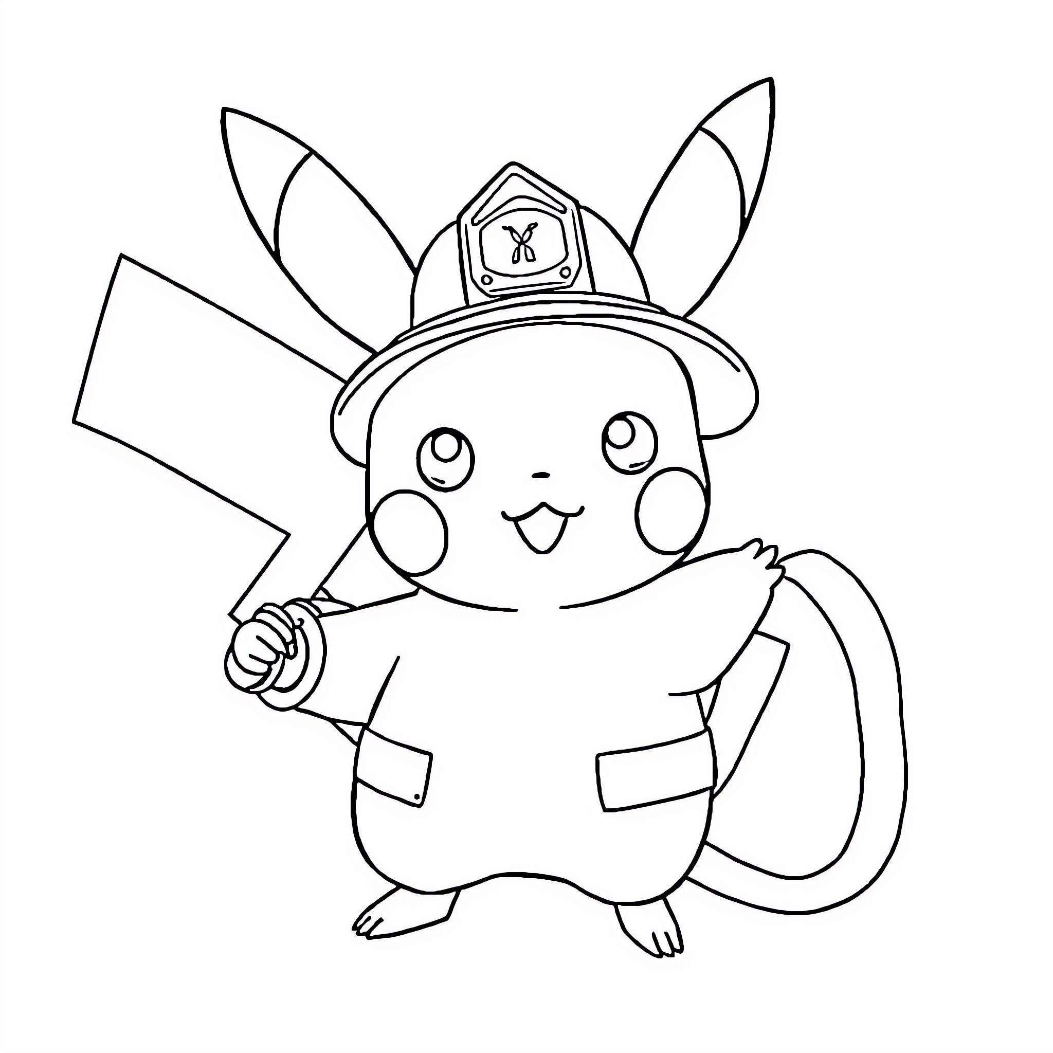 Pikachu dressed as a firefighter Coloring Page (free black-and-white line drawing printable PDF for all, from beginners to advanced learners, including children, teens, adults, and seniors)