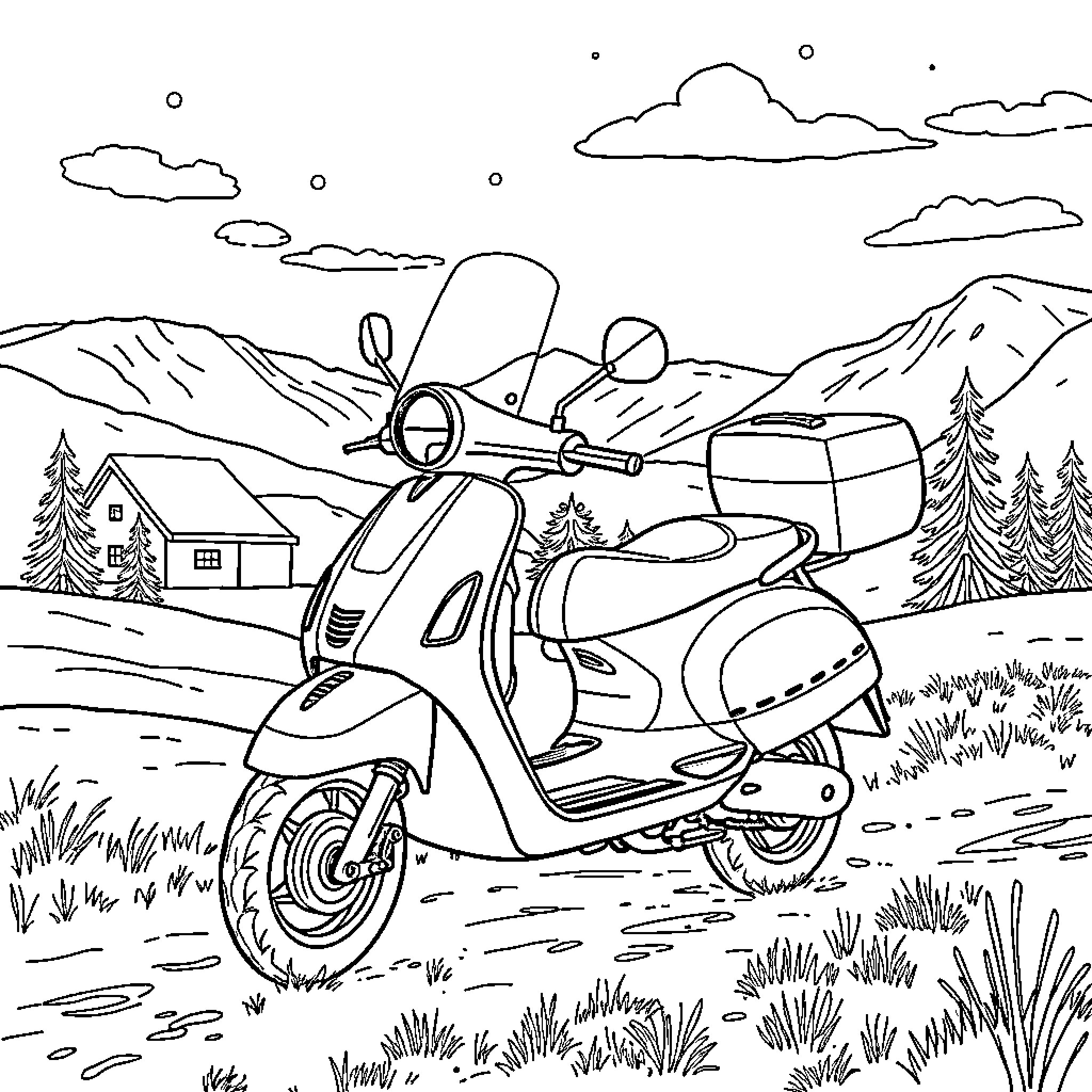 Ski Scooter Riding Through Scenic Mountain Landscape Coloring Page (free black-and-white line drawing printable PDF for all, from beginners to advanced learners, including children, teens, adults, and seniors)