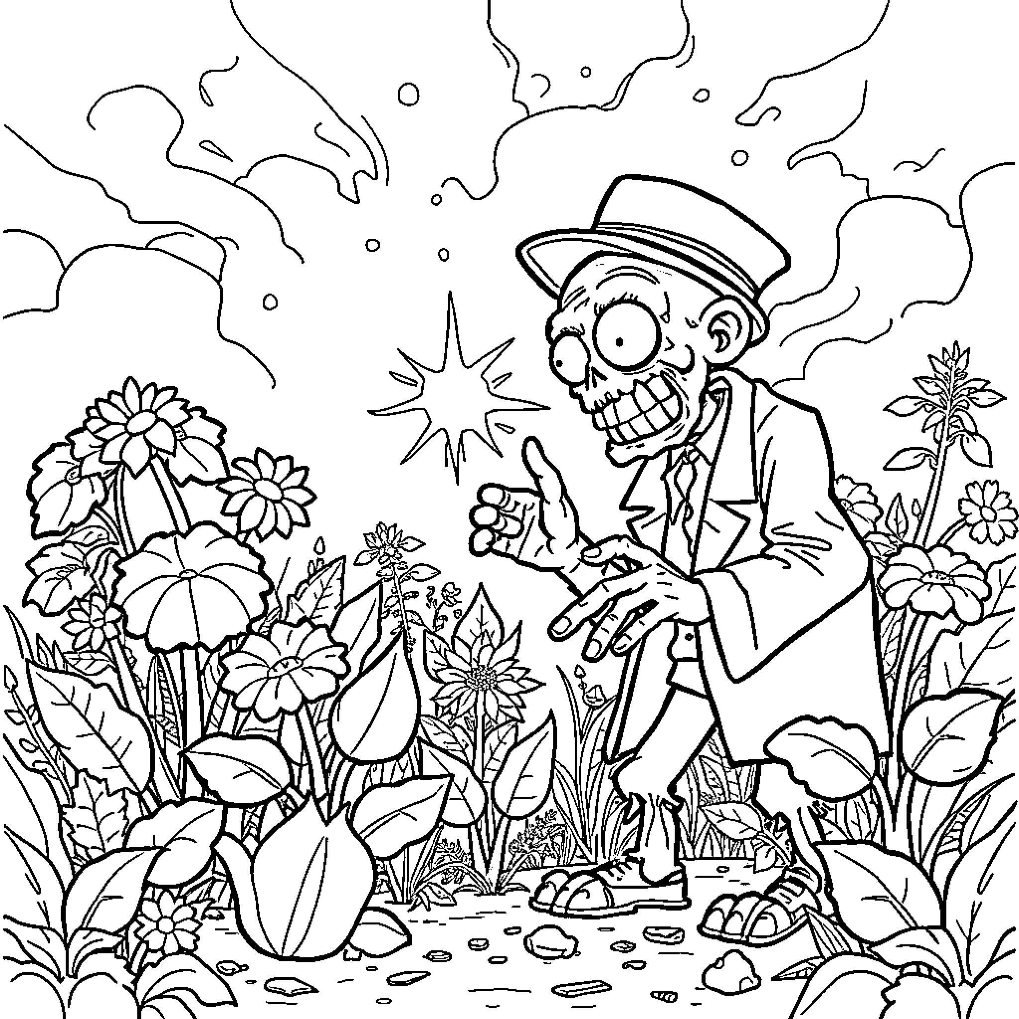 Zombies in a colorful garden scene Coloring Page (free black-and-white line drawing printable PDF for all, from beginners to advanced learners, including children, teens, adults, and seniors)