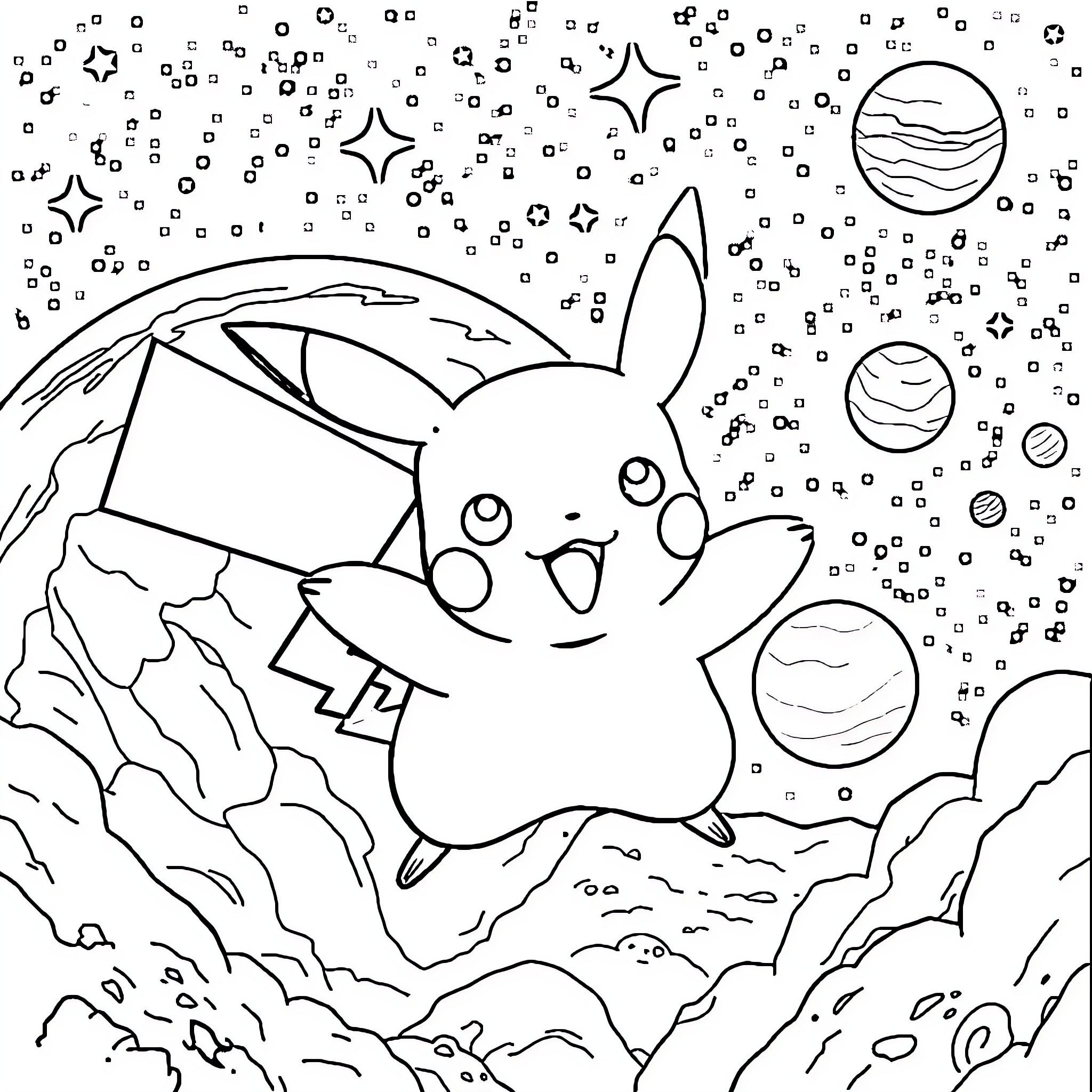 Pikachu enjoying the cosmic night sky Coloring Page (free black-and-white line drawing printable PDF for all, from beginners to advanced learners, including children, teens, adults, and seniors)