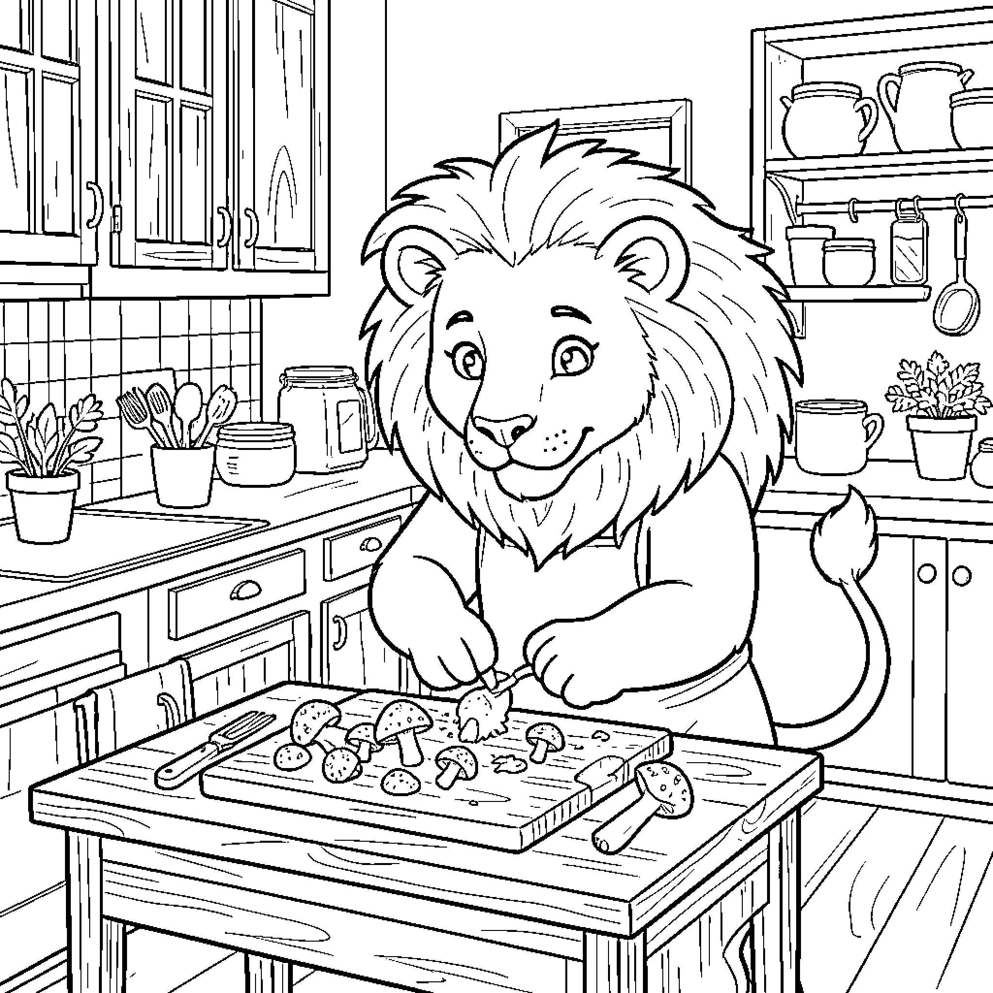 Lion wearing an apron preparing food in the kitchen Coloring Page (free black-and-white line drawing printable PDF for all, from beginners to advanced learners, including children, teens, adults, and seniors)