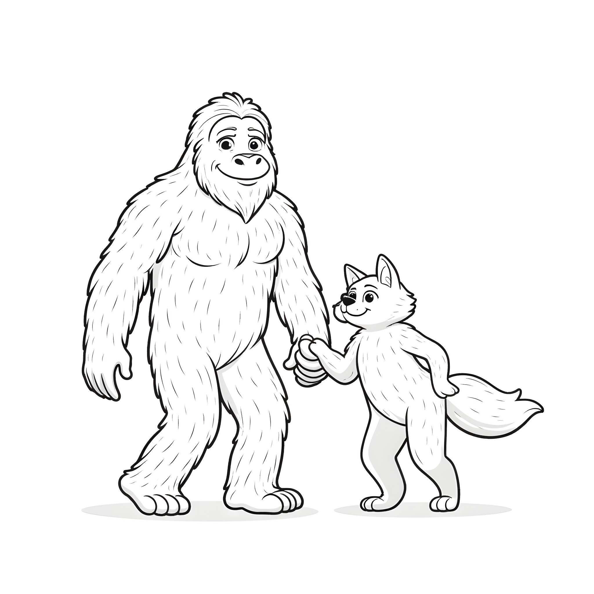 Sasquatch and Friendly Fox Companion Coloring Page (free black-and-white line drawing printable PDF for all, from beginners to advanced learners, including children, teens, adults, and seniors)