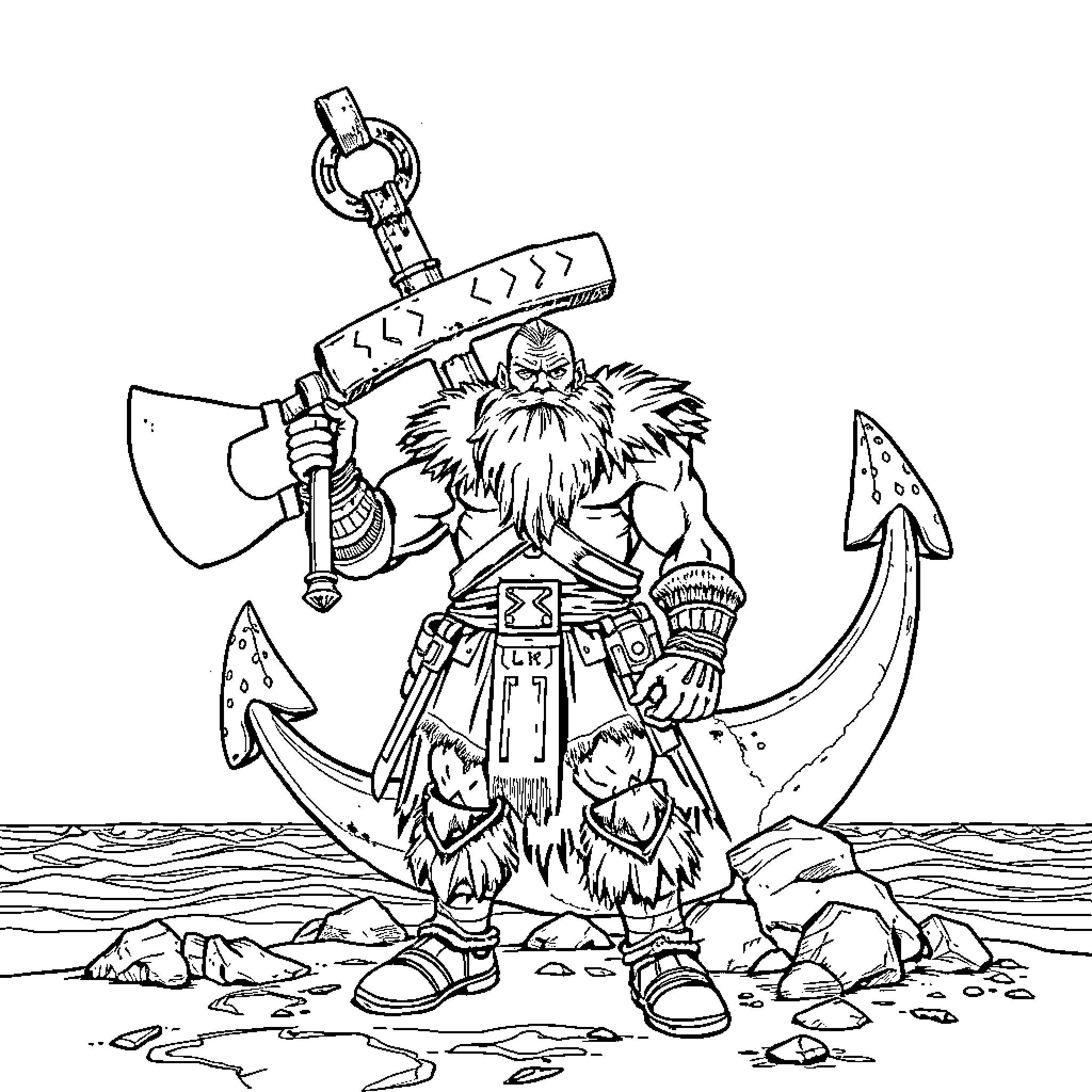 Barbarian warrior wielding a giant axe on the beach Coloring Page (free black-and-white line drawing printable PDF for all, from beginners to advanced learners, including children, teens, adults, and seniors)