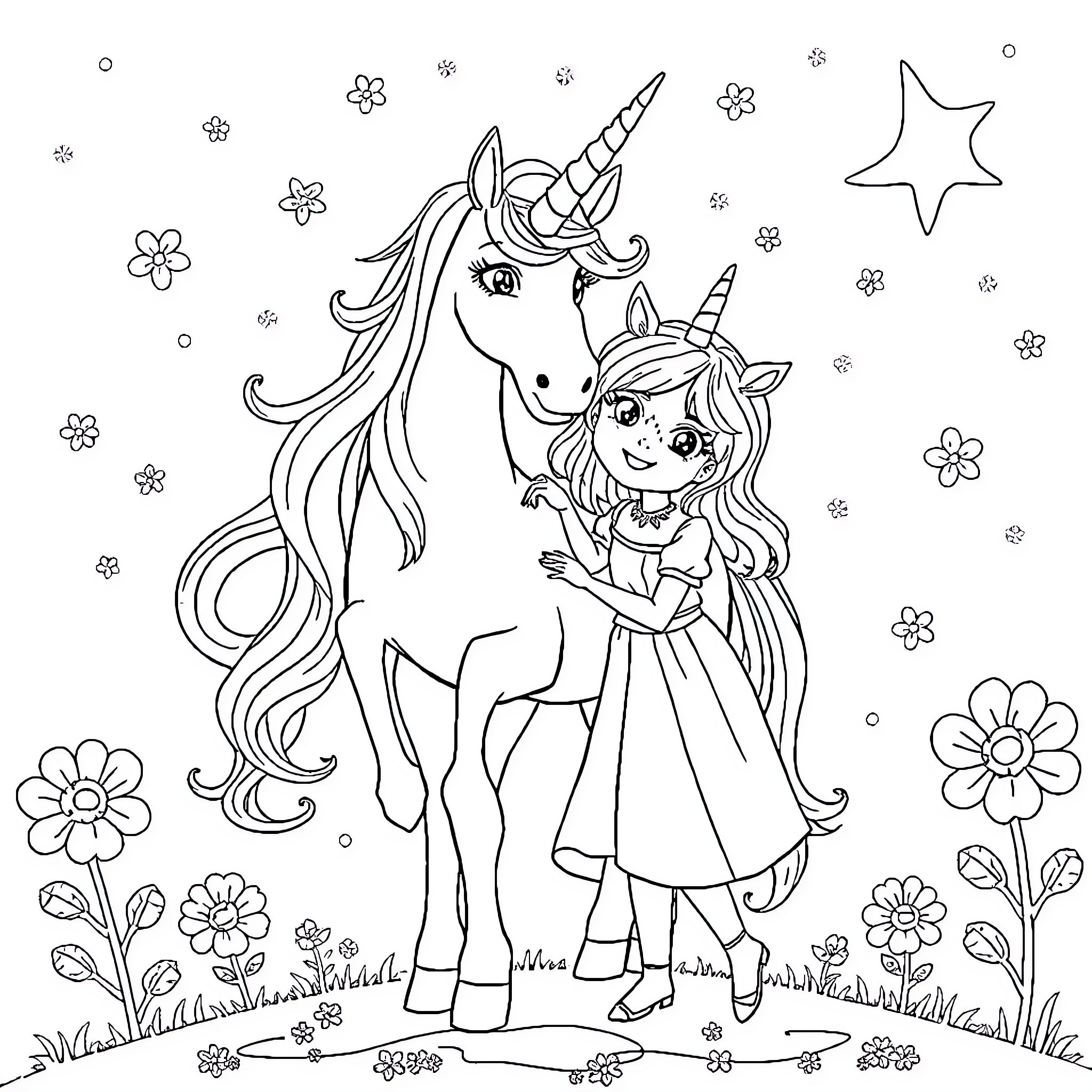 Unicorn and Little Girl in Magical Garden Coloring Page (free black-and-white line drawing printable PDF for all, from beginners to advanced learners, including children, teens, adults, and seniors)