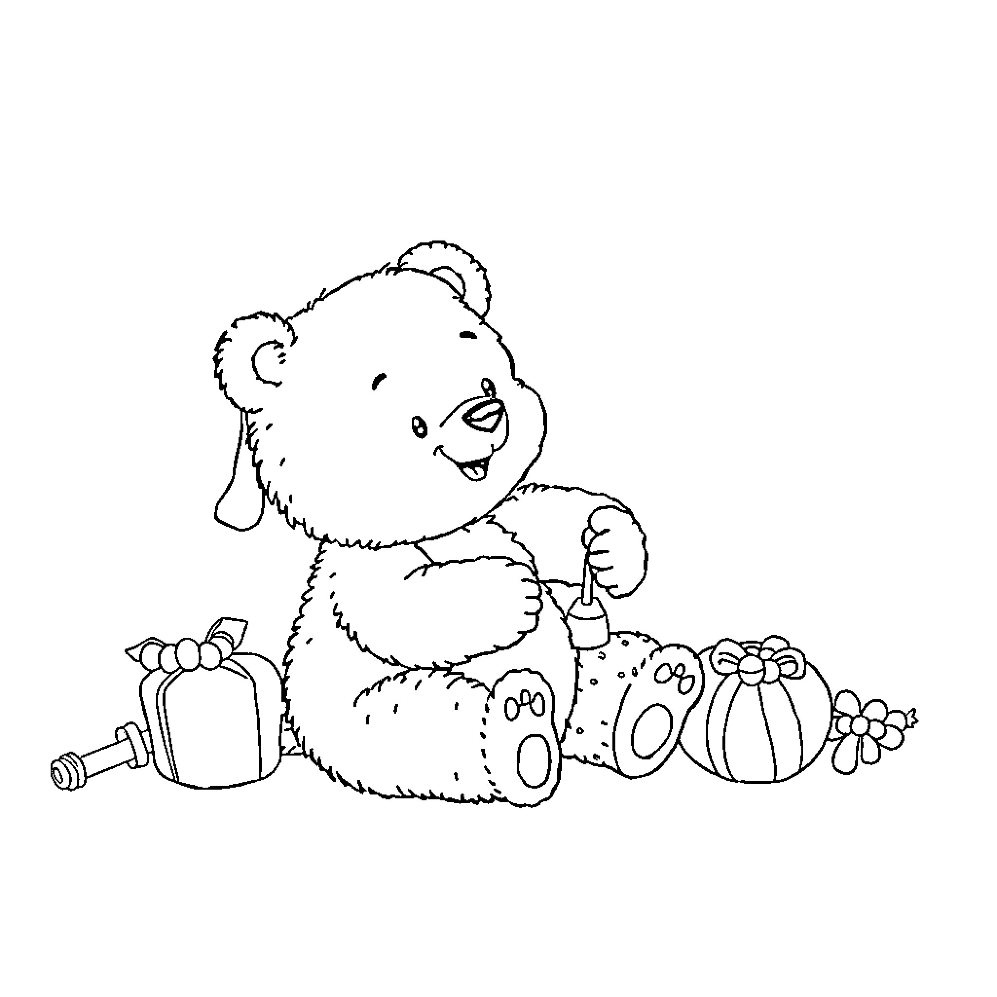 Bear playing with toys in the room Coloring Page (free black-and-white line drawing printable PDF for all, from beginners to advanced learners, including children, teens, adults, and seniors)