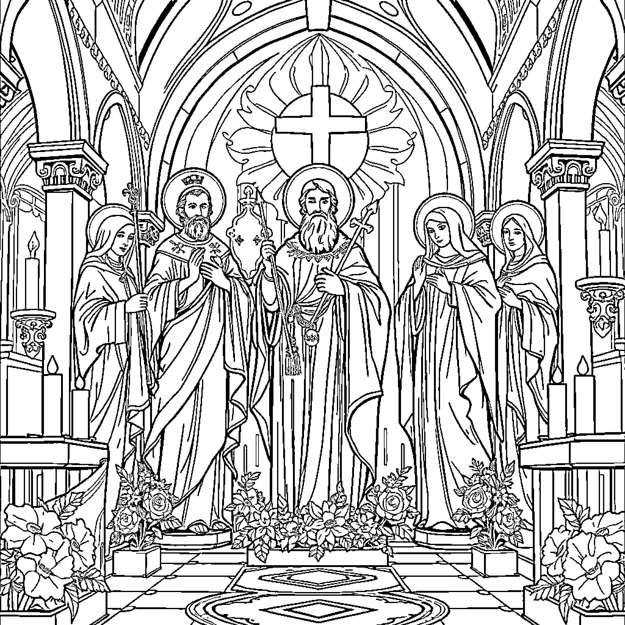 Saint Figures in Religious Cathedral Sanctuary Coloring Page (free black-and-white line drawing printable PDF for all, from beginners to advanced learners, including children, teens, adults, and seniors)
