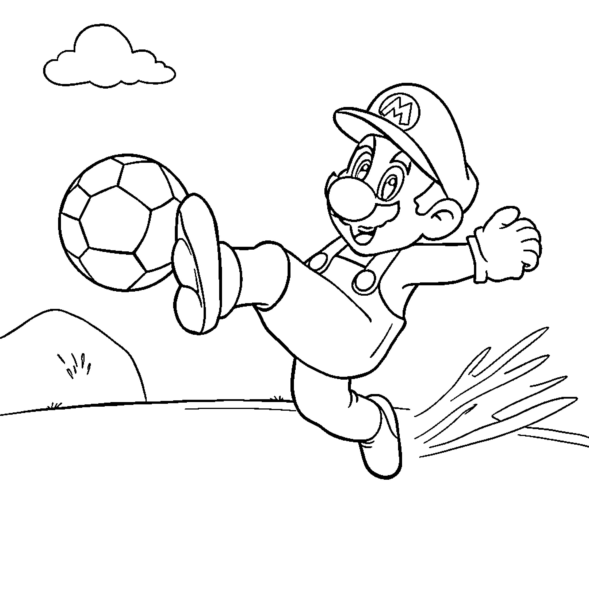 Mario Jumping with Soccer Ball in Outdoor Scene Coloring Page (free black-and-white line drawing printable PDF for all, from beginners to advanced learners, including children, teens, adults, and seniors)