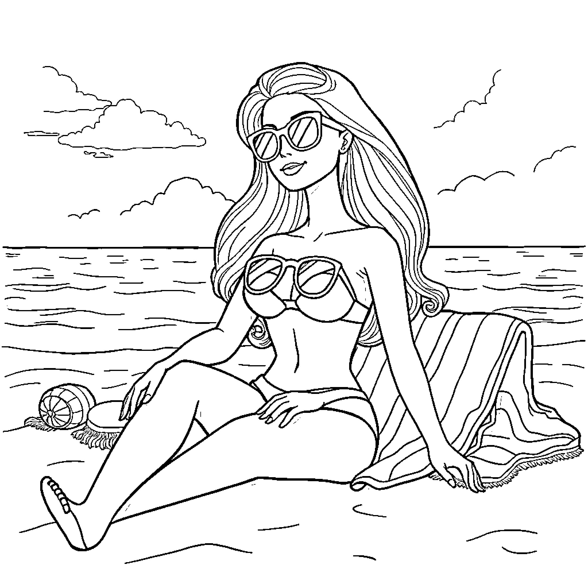 Barbie relaxing at the beach Coloring Page (free black-and-white line drawing printable PDF for all, from beginners to advanced learners, including children, teens, adults, and seniors)