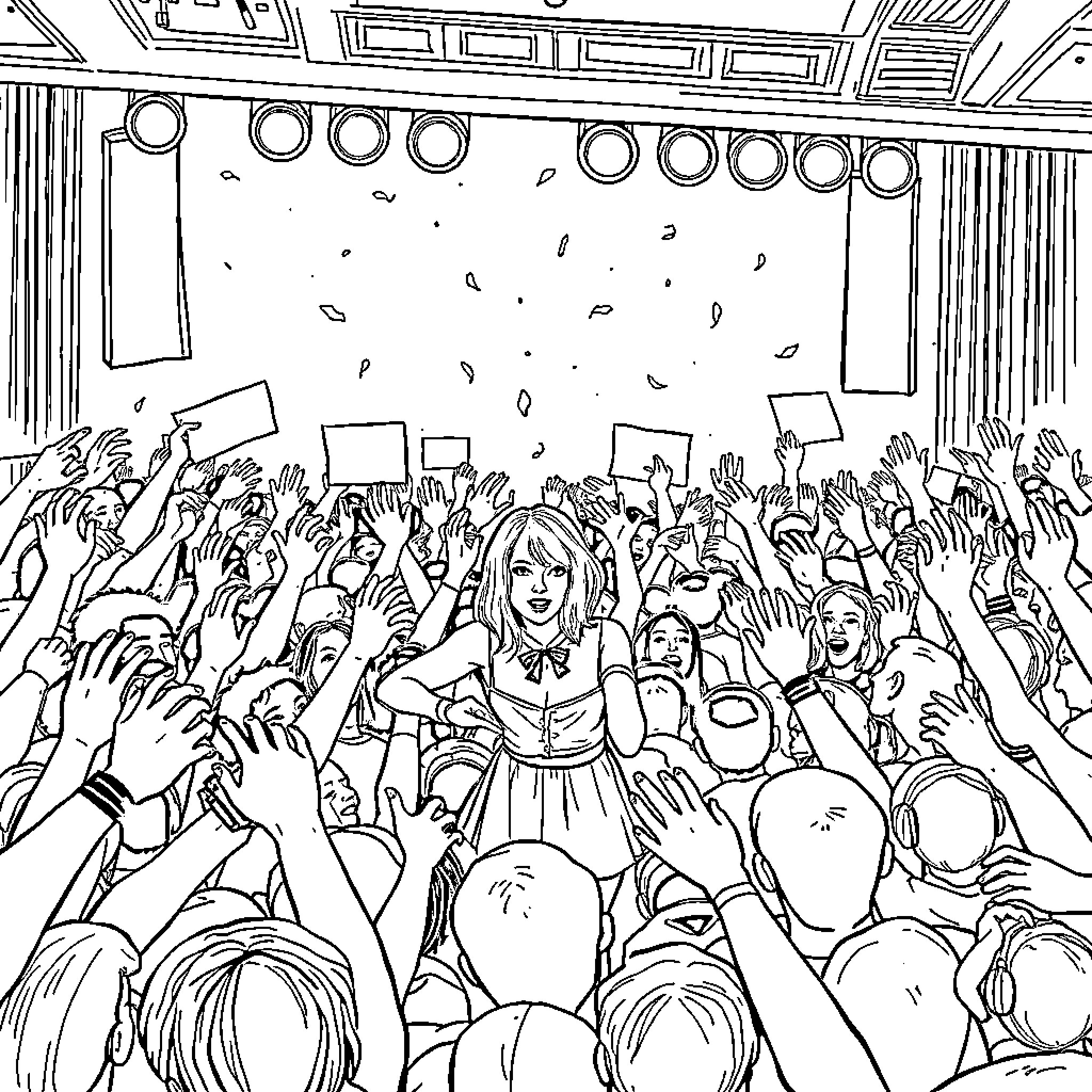 Taylor Swift performing on stage with an energetic crowd Coloring Page (free black-and-white line drawing printable PDF for all, from beginners to advanced learners, including children, teens, adults, and seniors)