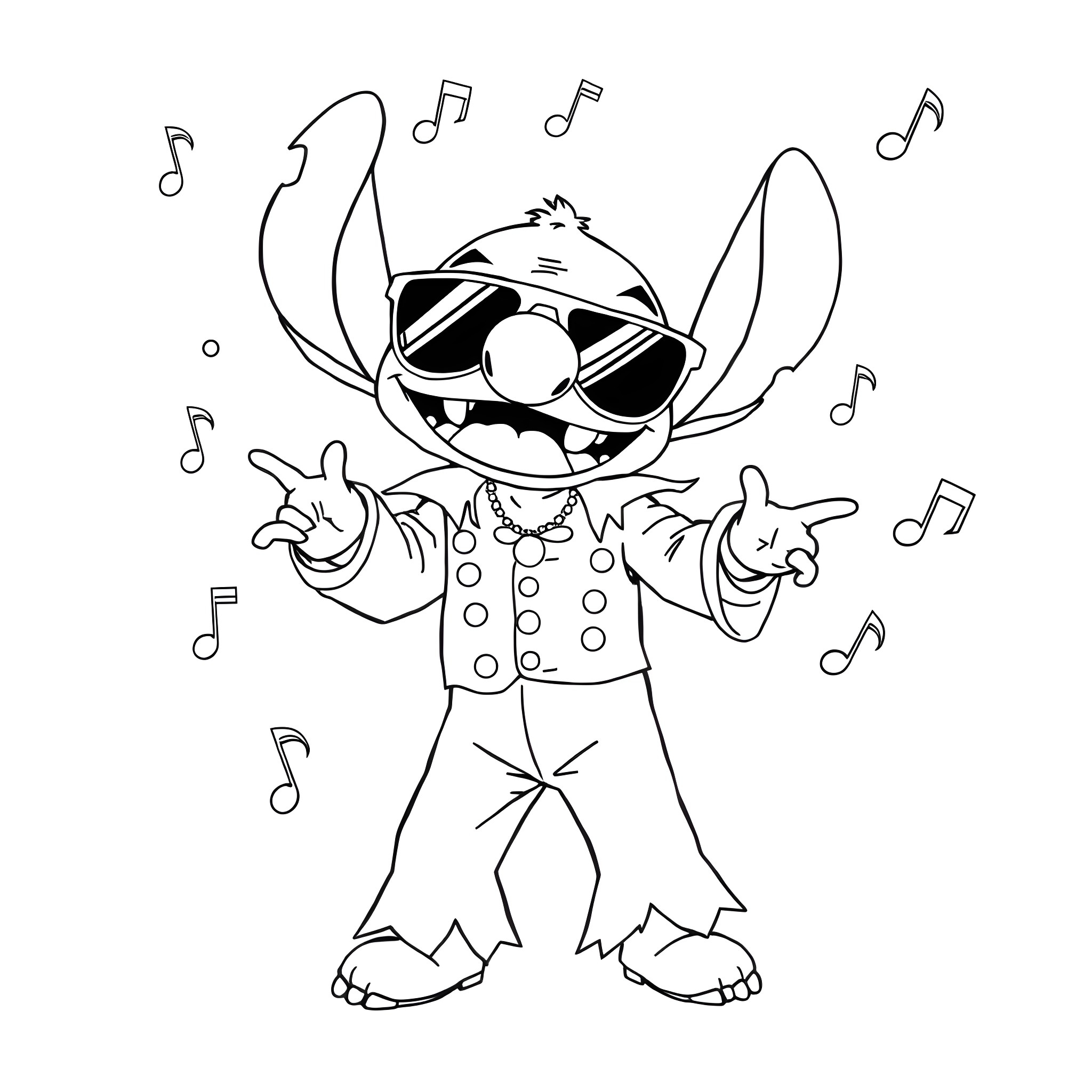 Stitch dancing joyfully with musical notes Coloring Page (free black-and-white line drawing printable PDF for all, from beginners to advanced learners, including children, teens, adults, and seniors)