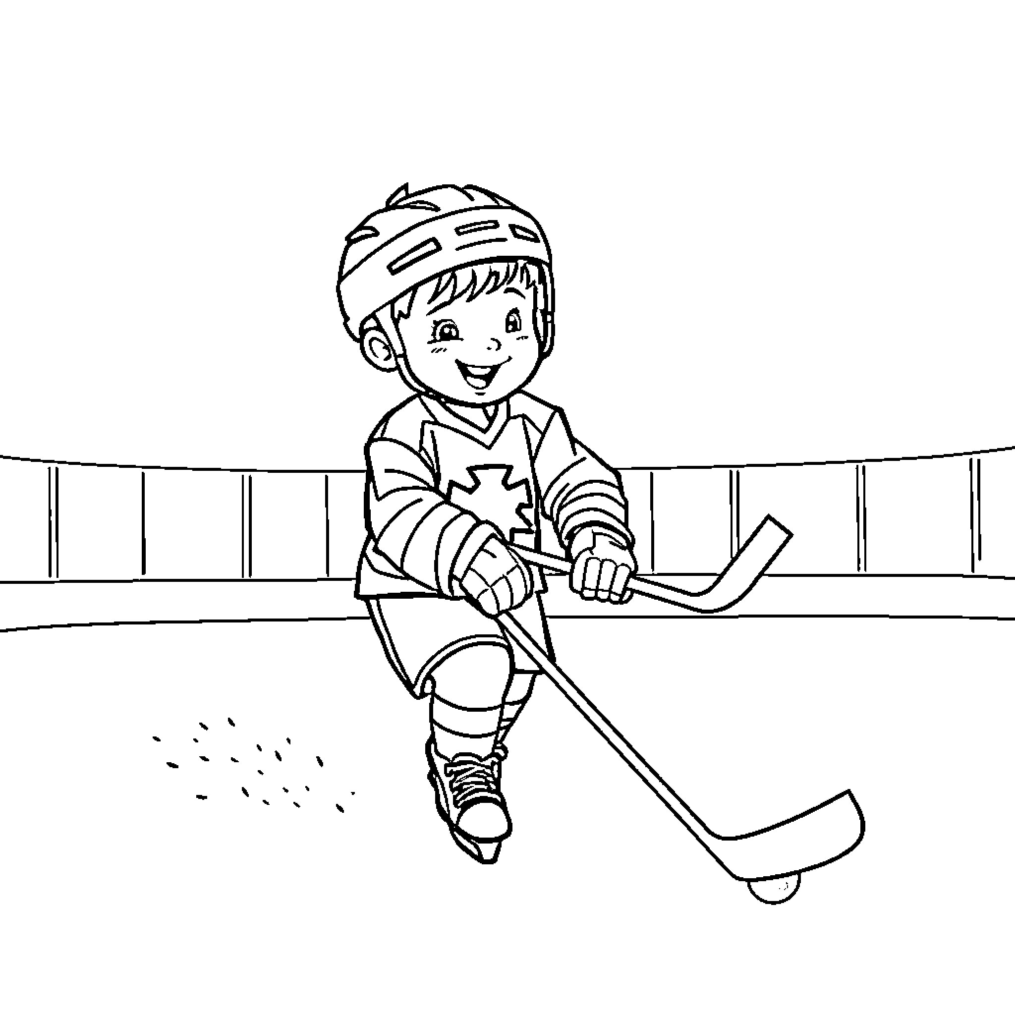 Child playing hockey on the rink Coloring Page (free black-and-white line drawing printable PDF for all, from beginners to advanced learners, including children, teens, adults, and seniors)