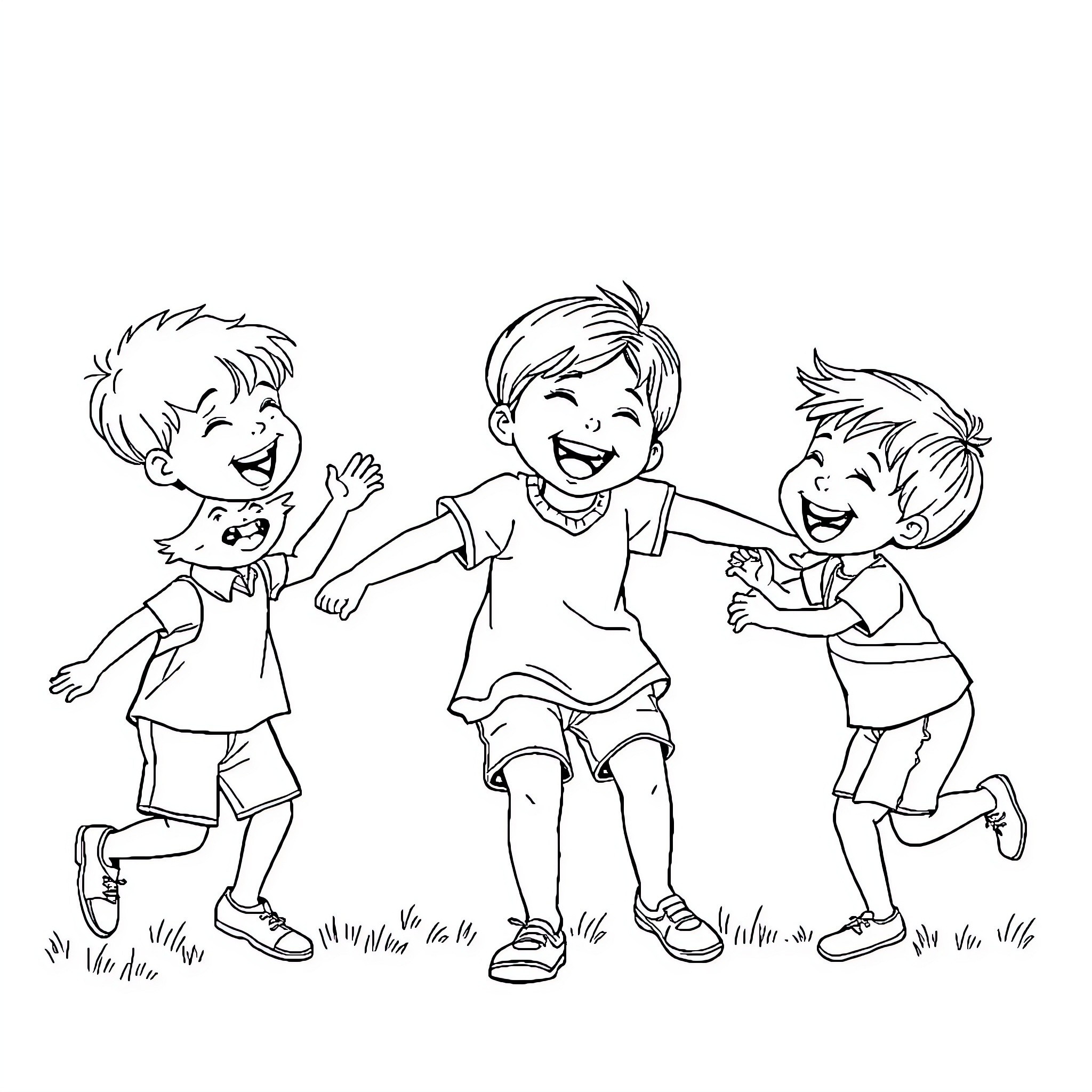 Emotion of Playful Children's Laughter and Camaraderie Coloring Page (free black-and-white line drawing printable PDF for all, from beginners to advanced learners, including children, teens, adults, and seniors)