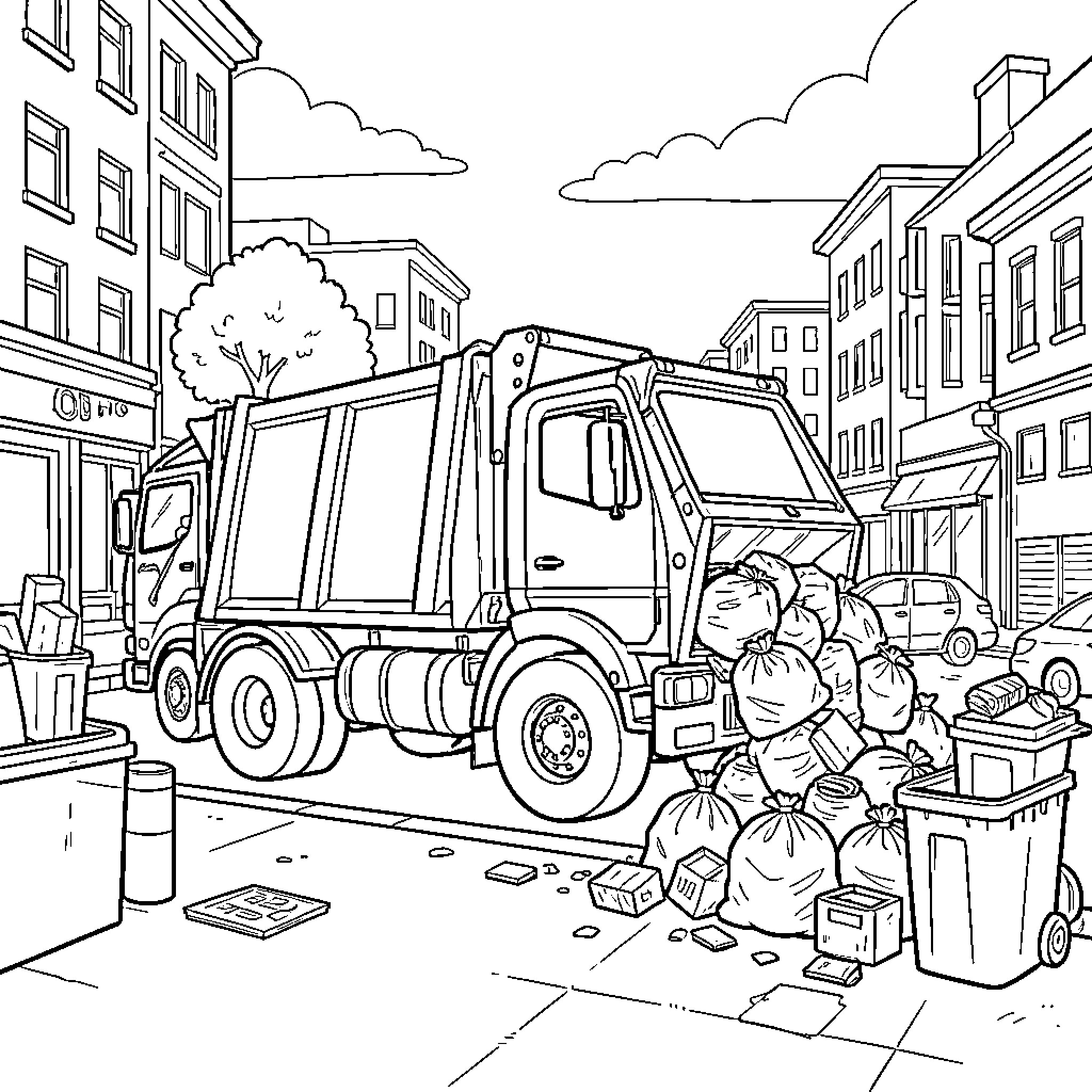 Garbage Truck collecting trash bags on a city street Coloring Page (free black-and-white line drawing printable PDF for all, from beginners to advanced learners, including children, teens, adults, and seniors)