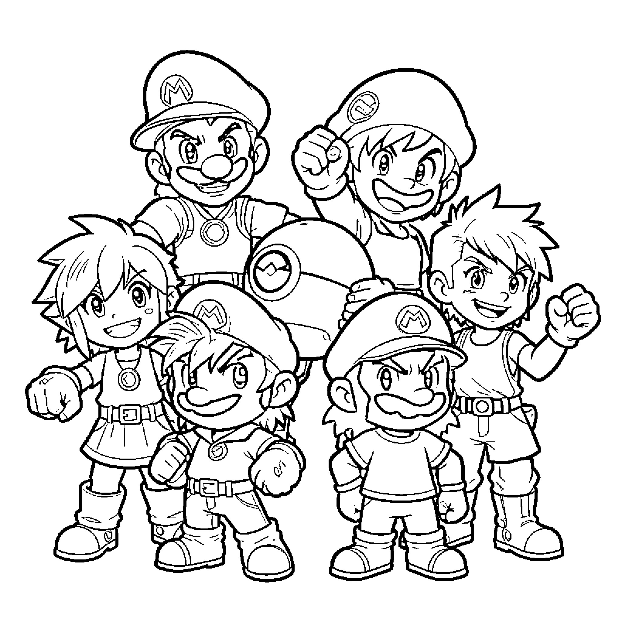 Super Smash Bros characters posing together with joyful expressions Coloring Page (free black-and-white line drawing printable PDF for all, from beginners to advanced learners, including children, teens, adults, and seniors)