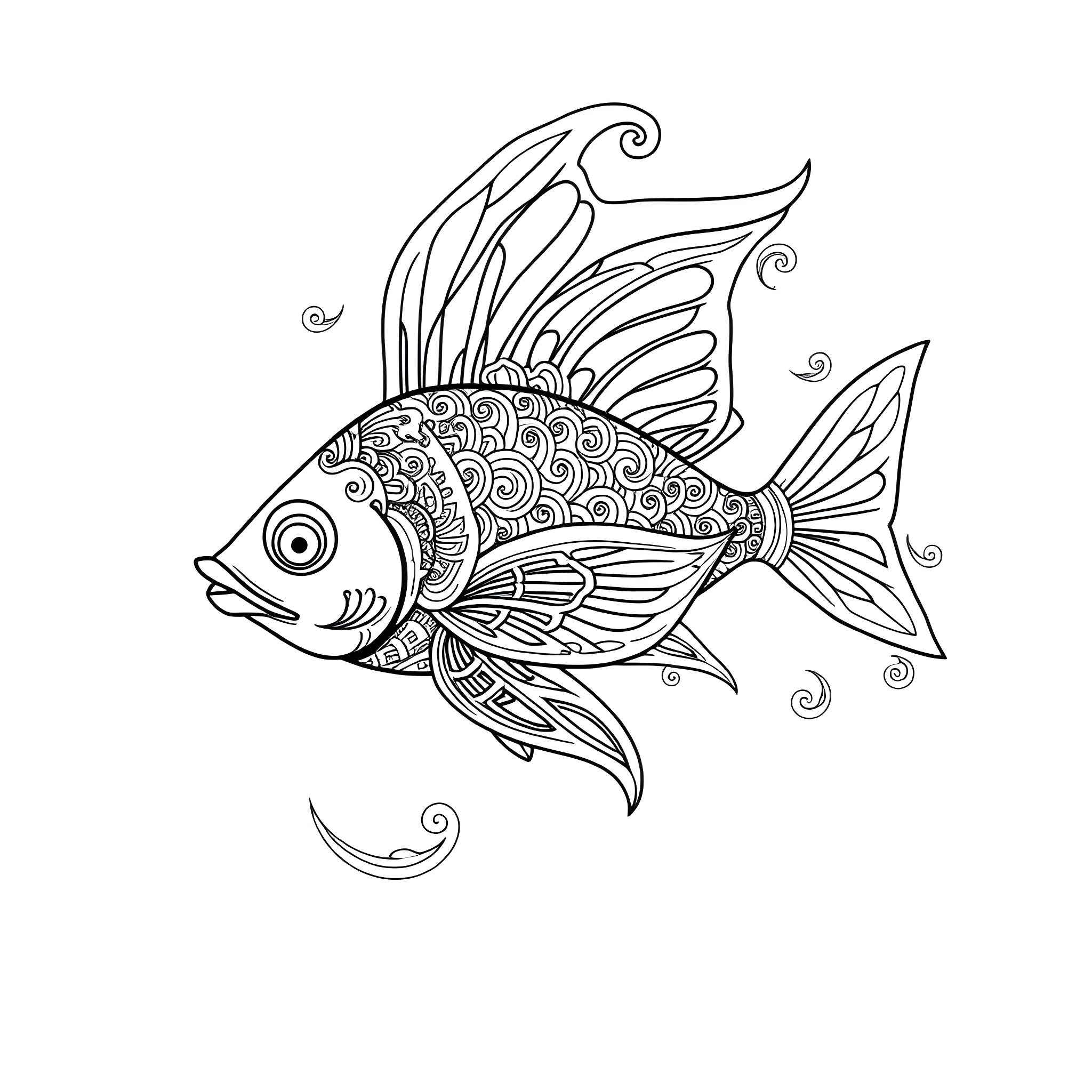 Fin of Fantastical Fish with Flowing Fins Coloring Page (free black-and-white line drawing printable PDF for all, from beginners to advanced learners, including children, teens, adults, and seniors)