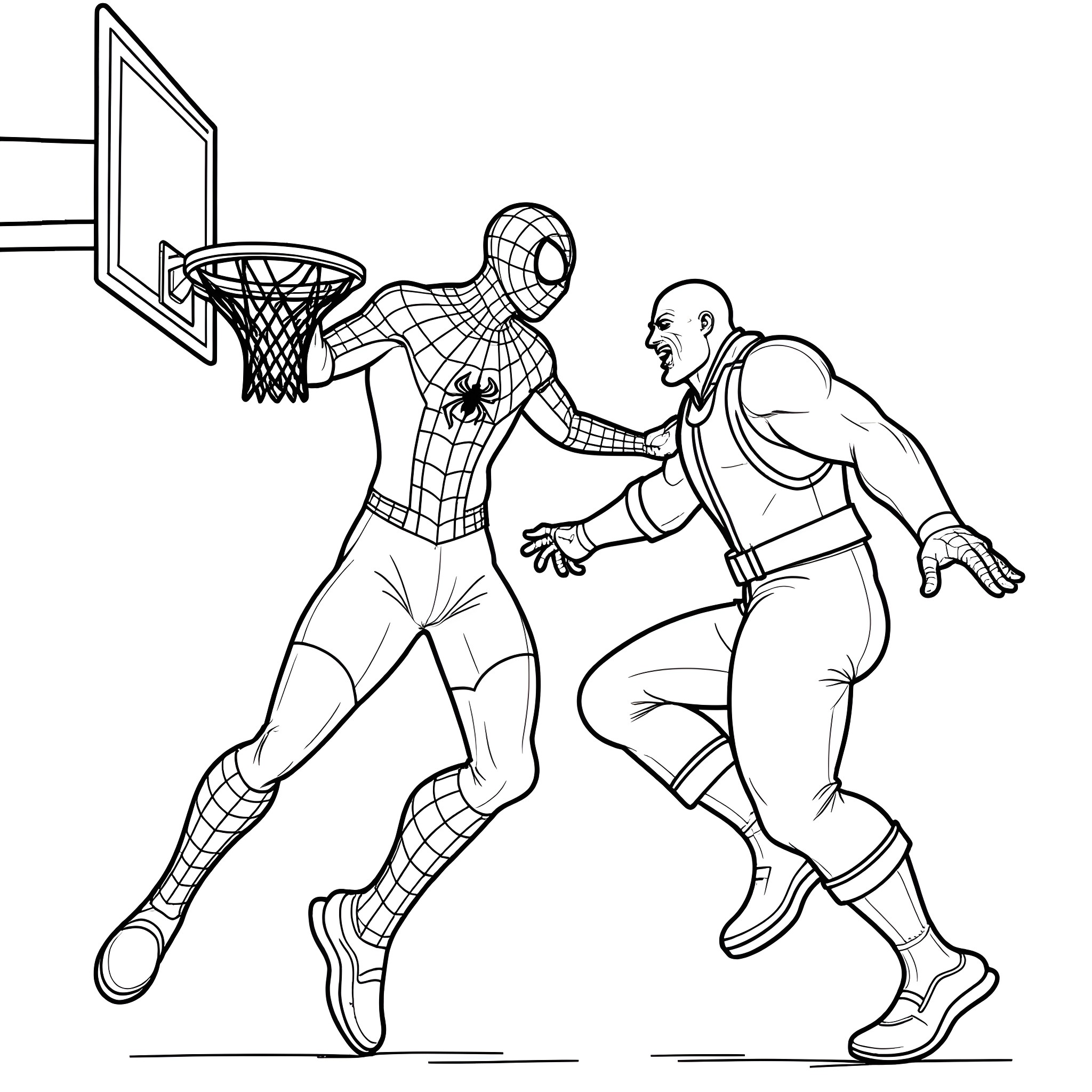 Spider-Man Playing Basketball with a Man Coloring Page (free black-and-white line drawing printable PDF for all, from beginners to advanced learners, including children, teens, adults, and seniors)