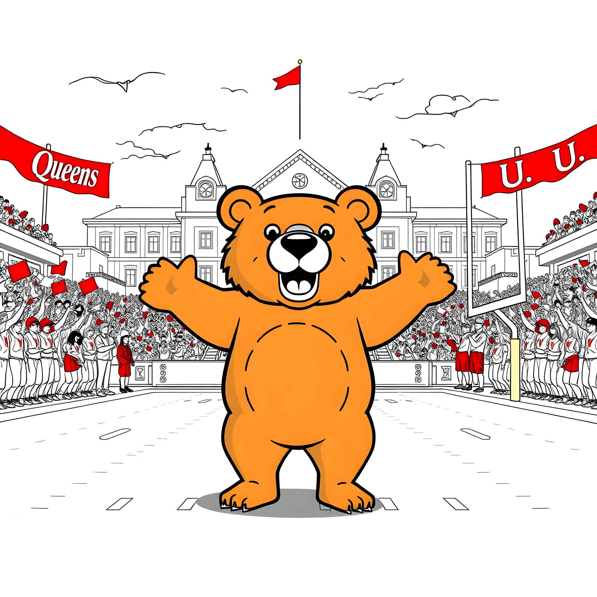 Bear cheerfully celebrating in parade Coloring Page (free black-and-white line drawing printable PDF for all, from beginners to advanced learners, including children, teens, adults, and seniors)