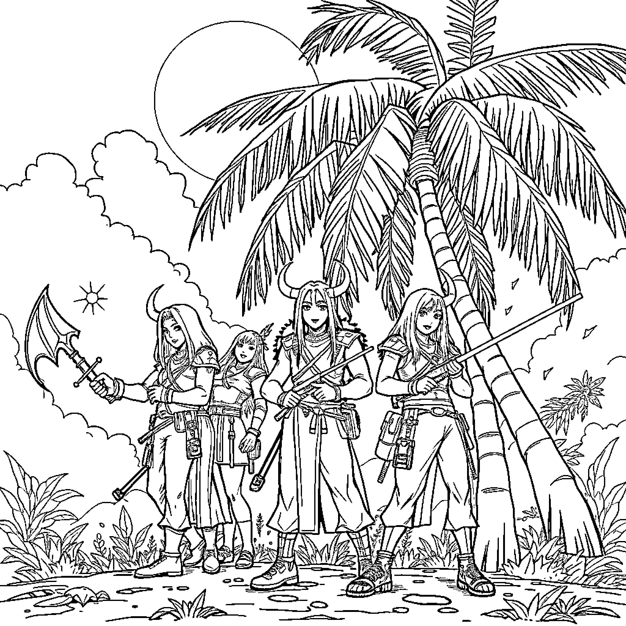 Demon Hunter Warriors in Tropical Landscape Coloring Page (free black-and-white line drawing printable PDF for all, from beginners to advanced learners, including children, teens, adults, and seniors)