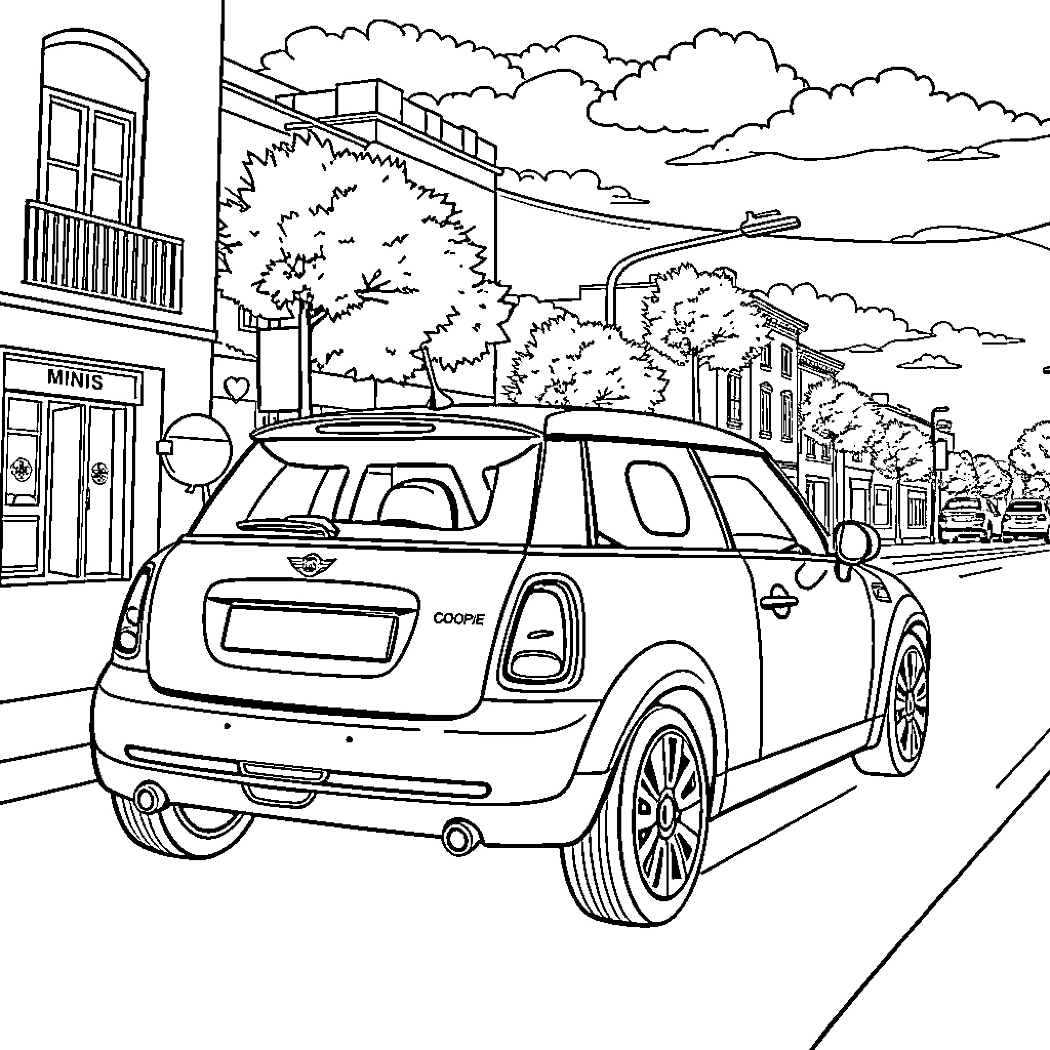 Mini Cooper driving down a quaint town street Coloring Page (free black-and-white line drawing printable PDF for all, from beginners to advanced learners, including children, teens, adults, and seniors)