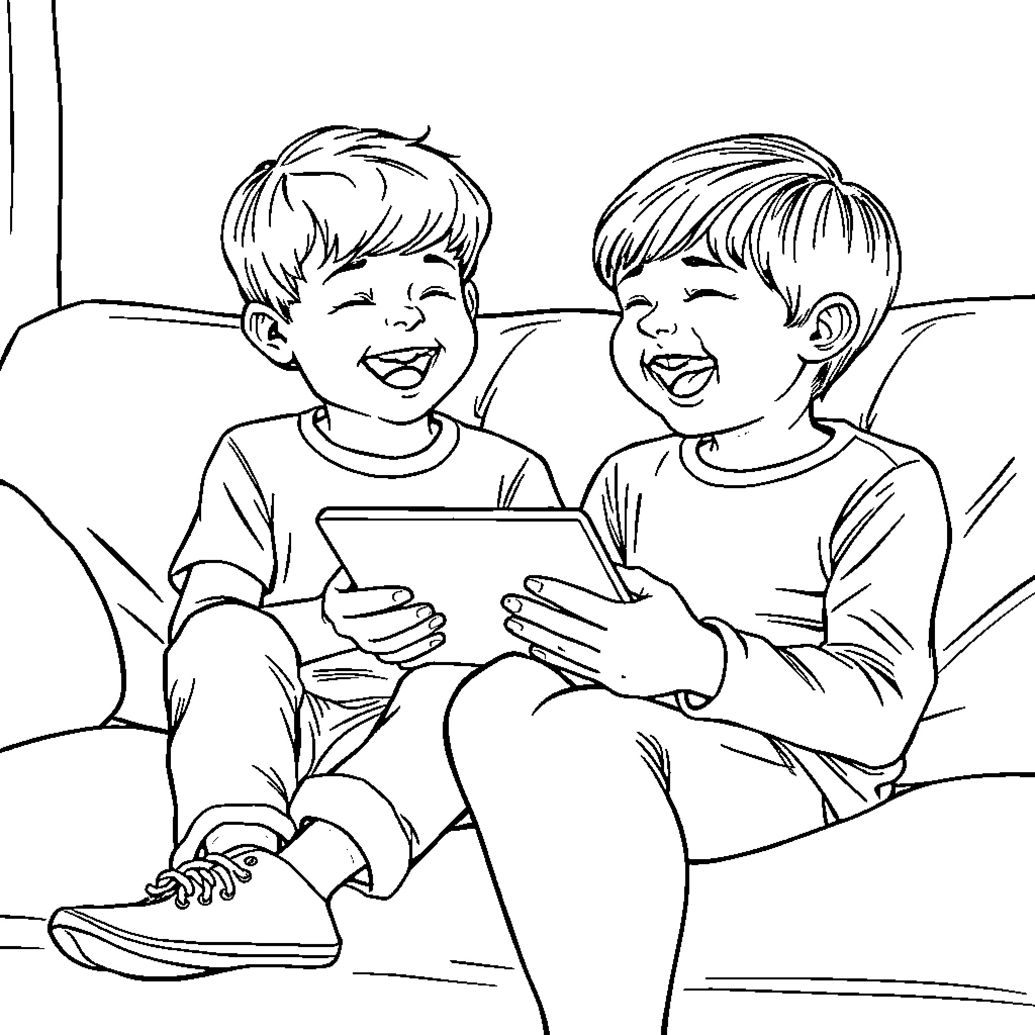 Kids enjoying digital devices together Coloring Page (free black-and-white line drawing printable PDF for all, from beginners to advanced learners, including children, teens, adults, and seniors)